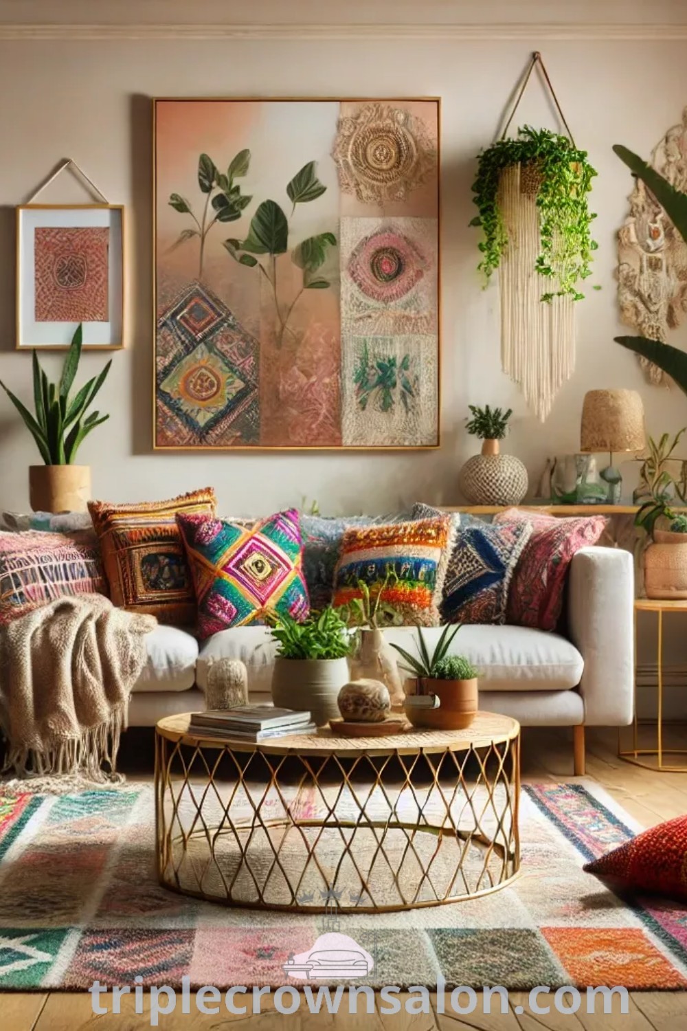 A cozy living room filled with colorful bohemian decor, stylish furniture, and greenery enhancing the warm atmosphere. This colorful boho living room combines modern design ideas with unique inspirations, creating an inviting space for relaxation. Explore more decor ideas at wellnesswink.com.