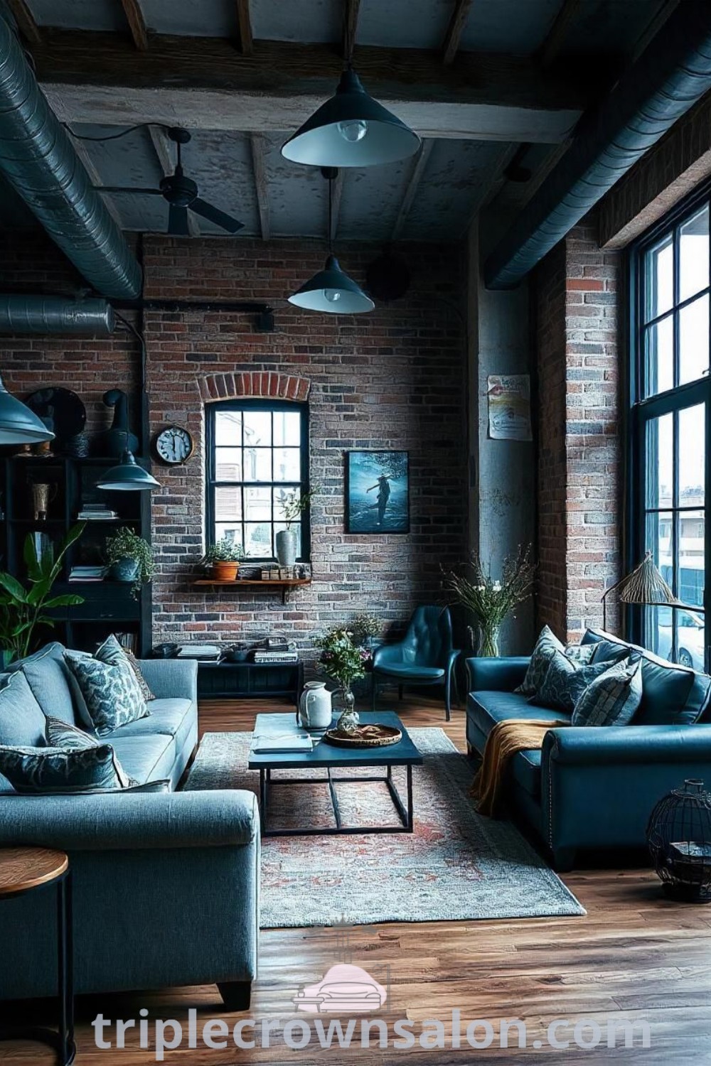 An industrial living room showcasing a variety of furniture, large windows, and wooden flooring, embodying a contemporary design with a grey and black color palette. Perfect decor ideas for urban industrial living, offering inspiration for unique designs. Find more insights at triplecrownsalon.com.