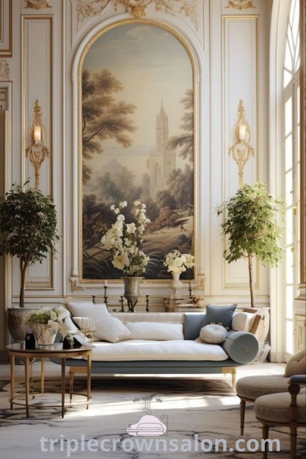 A beautiful Art Deco living room filled with stylish furniture and a stunning painting, embodying a cozy and elegant atmosphere. This design offers classic interior inspirations and unique ideas for your home, perfect for creating inviting spaces. Discover more decor ideas at triplecrownsalon.com.