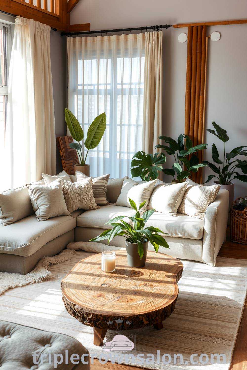 Japandi living room featuring soft grey tones, natural wood accents, a low-profile sofa with textured cushions, a handcrafted wooden coffee table, potted plants, and organic textiles, showcasing cozy design ideas for a serene home environment. Visit triplecrownsalon.com for more unique decor inspirations.