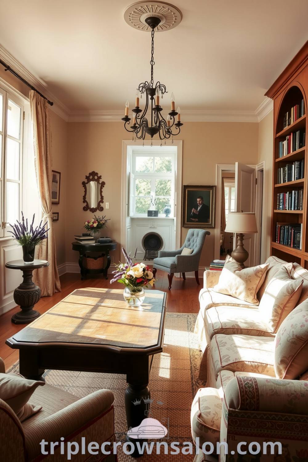 Cozy French living room featuring beige walls, sun-drenched windows with light linen curtains, a vintage wooden coffee table, a faded floral sofa, and bookshelves filled with well-loved volumes, creating an inviting and tranquil atmosphere, perfect for home decor inspirations at triplecrownsalon.com.