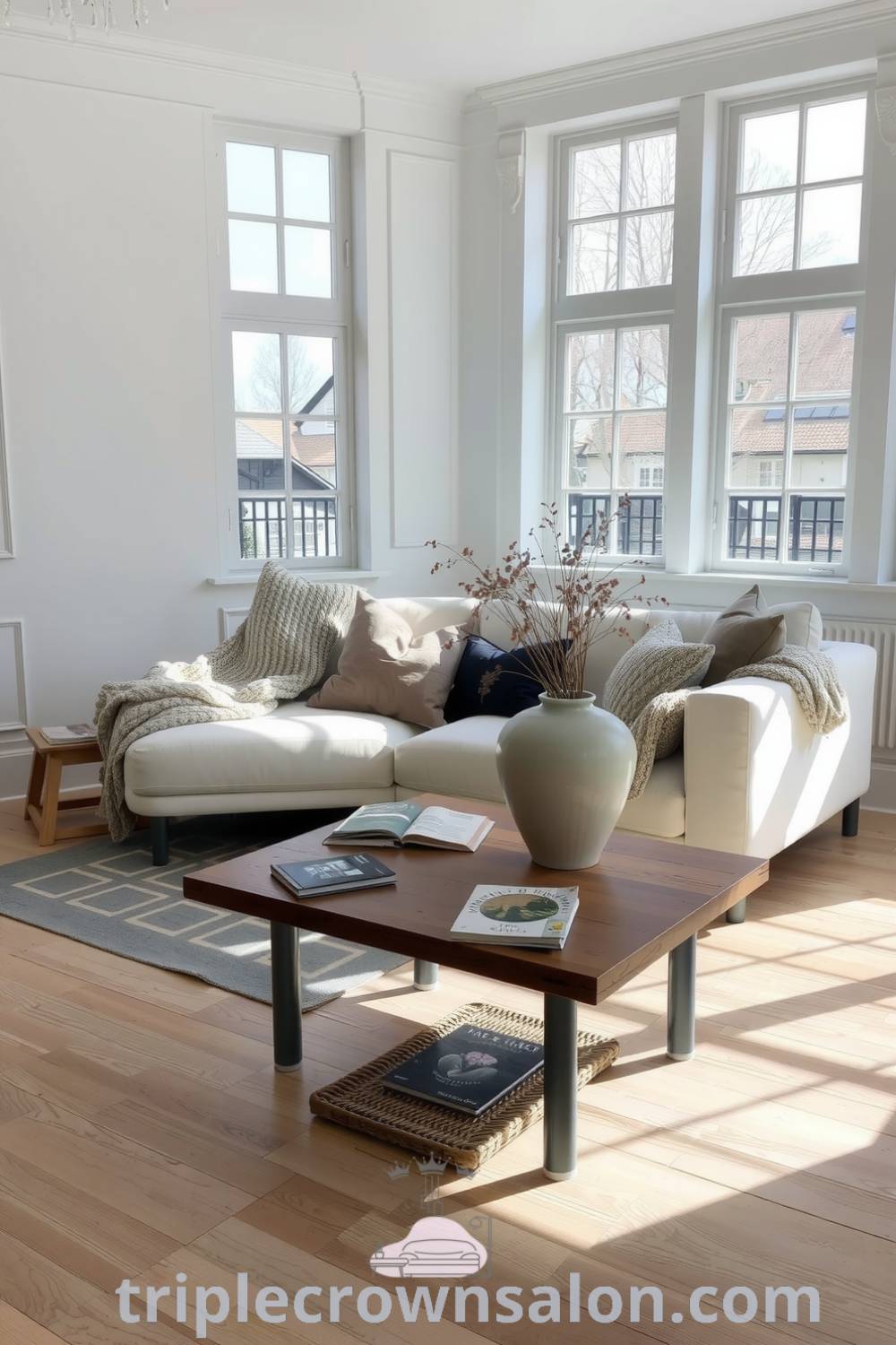 Serene Scandinavian living room with white walls, light oak flooring, a cream-colored sofa adorned with knitted throws and muted cushions, a low wooden coffee table holding well-loved books and a ceramic vase of fresh wildflowers; cozy design ideas and decor inspirations for your home featured on triplecrownsalon.com.