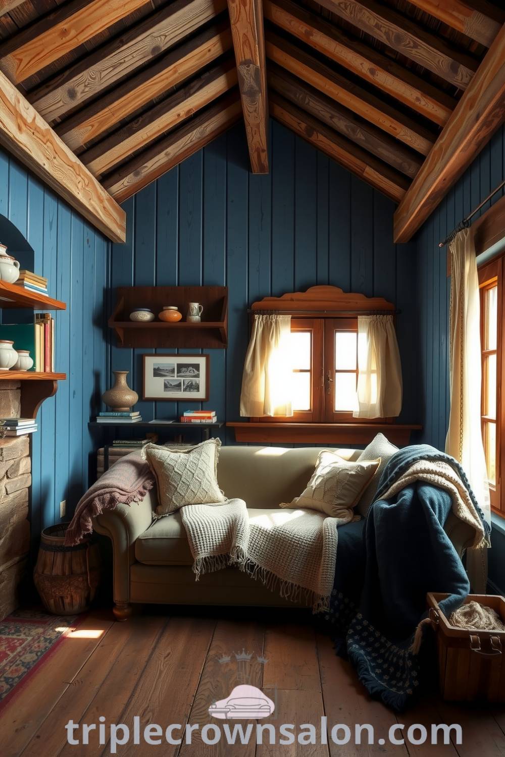 Cozy rustic living room featuring weathered wooden beams, a vintage sofa with knitted throws, reclaimed wood shelves with books and pottery, and natural light filtering through sheer curtains, providing design ideas for a cozy home, ideal for relaxation and inviting gatherings. Visit triplecrownsalon.com for more cozy inspiration.