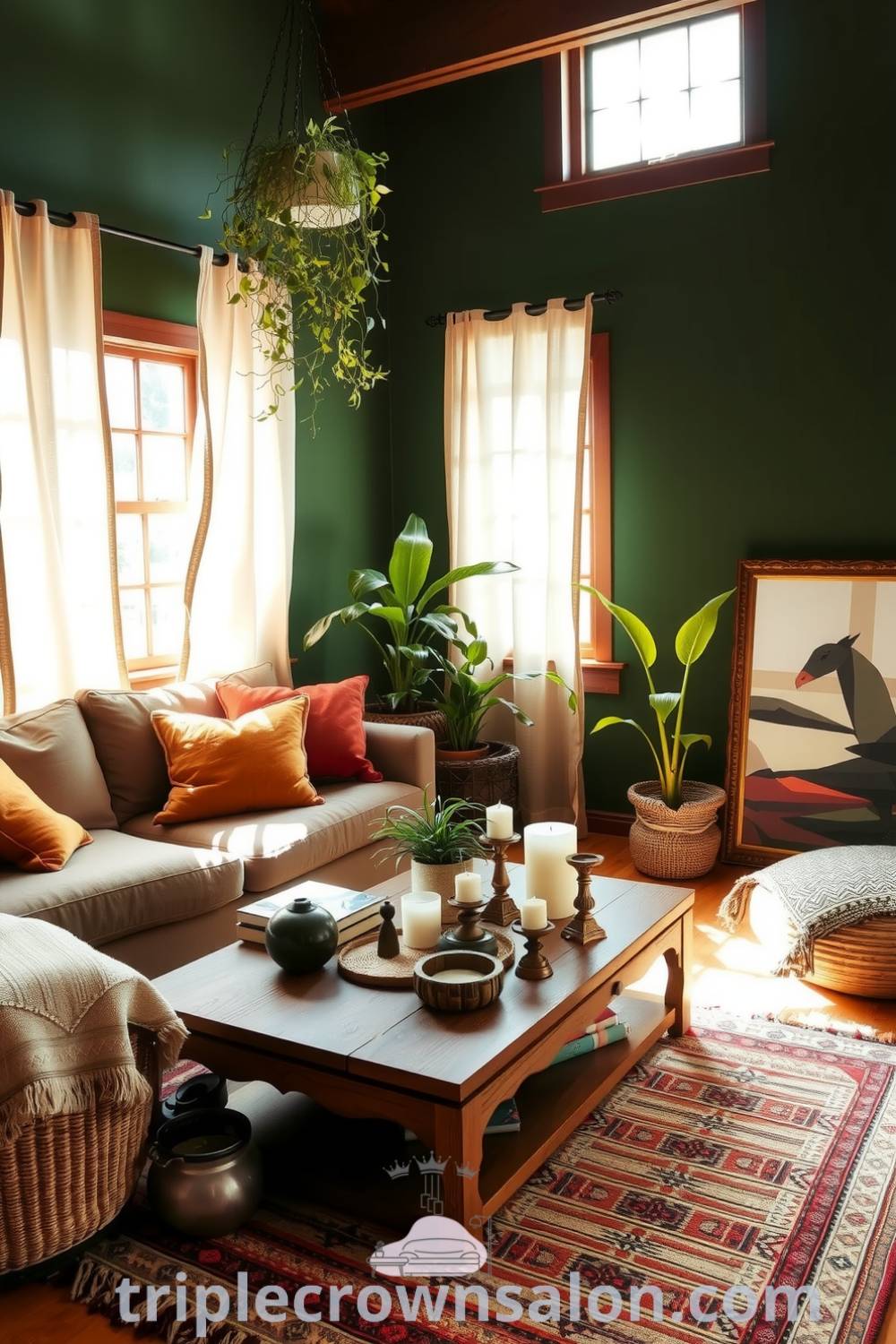 Cozy boho living room with deep green walls, overstuffed earth-toned cushions, a vintage woven rug, thriving houseplants, and a reclaimed wood coffee table, showcasing unique decor ideas and inspiring designs for your home at fireplacesandwoodstoves.com.