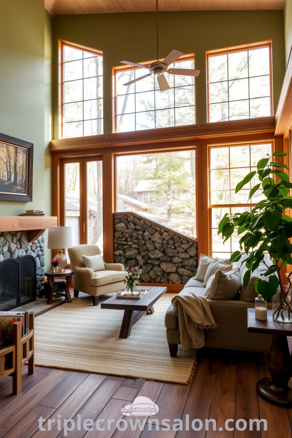 Cozy nature-inspired living room featuring earthy tones, soft green palette, reclaimed wood furniture, airy windows, cozy armchair with linen throws, indoor plant, and stone fireplace accents, illustrating design ideas and decor inspirations for a cozy aesthetic at home. Visit triplecrownsalon.com.