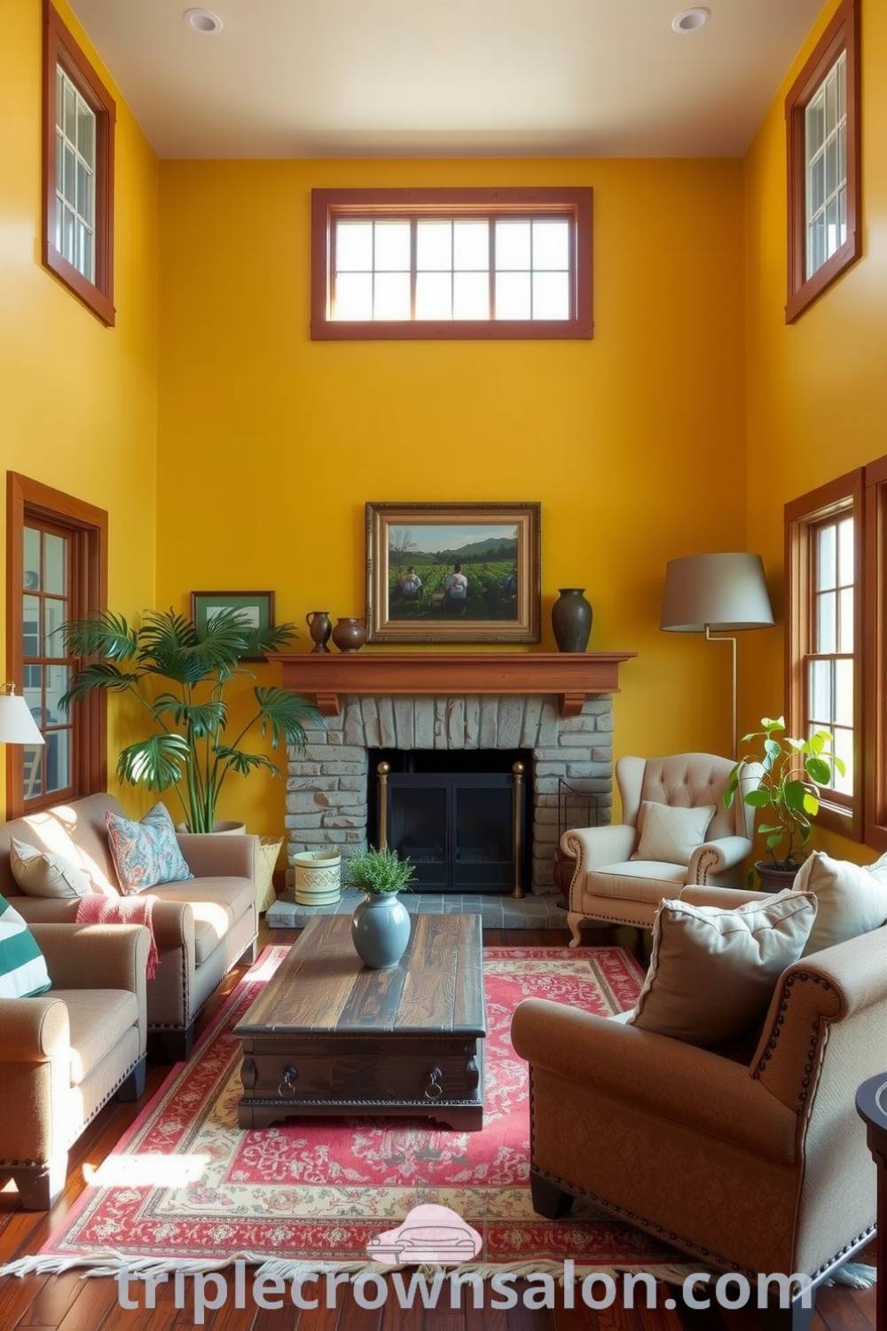 Living room featuring warm yellow walls, rustic wooden furniture, a frayed area rug, a stone fireplace, and potted plants, creating a cozy atmosphere with decor ideas and inspirations for a cozy home at triplecrownsalon.com.