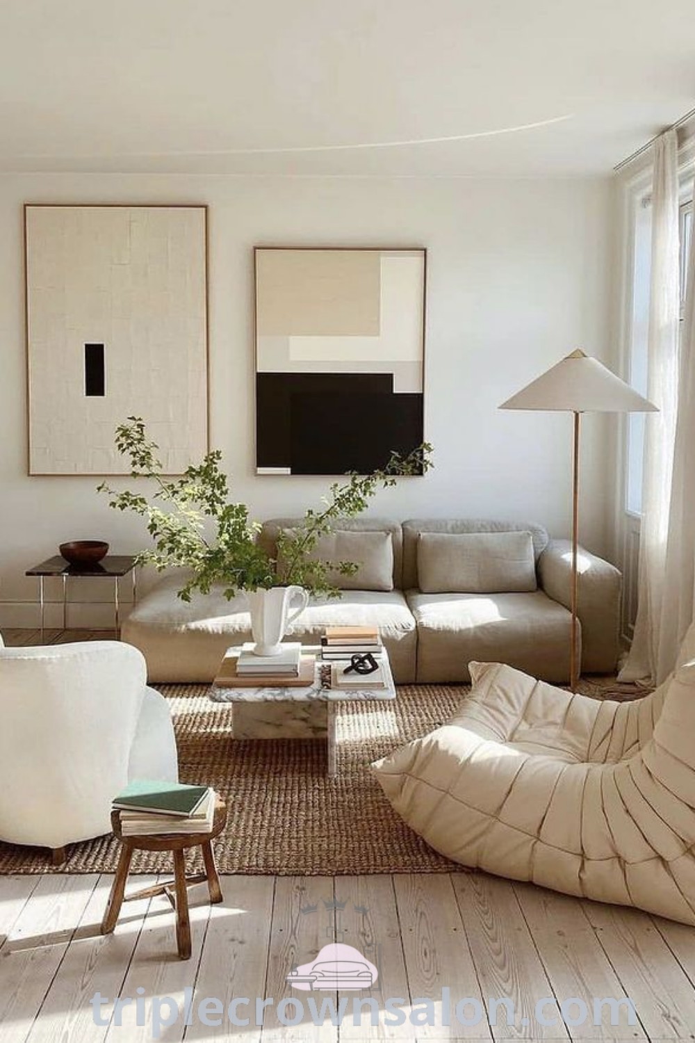A serene Japandi living room featuring minimalist decor, neutral tones, and cozy aesthetics, creating an inviting space perfect for relaxation. This decor embodies Scandinavian home design principles and offers unique ideas for your home. Explore more decor inspirations at triplecrownsalon.com.