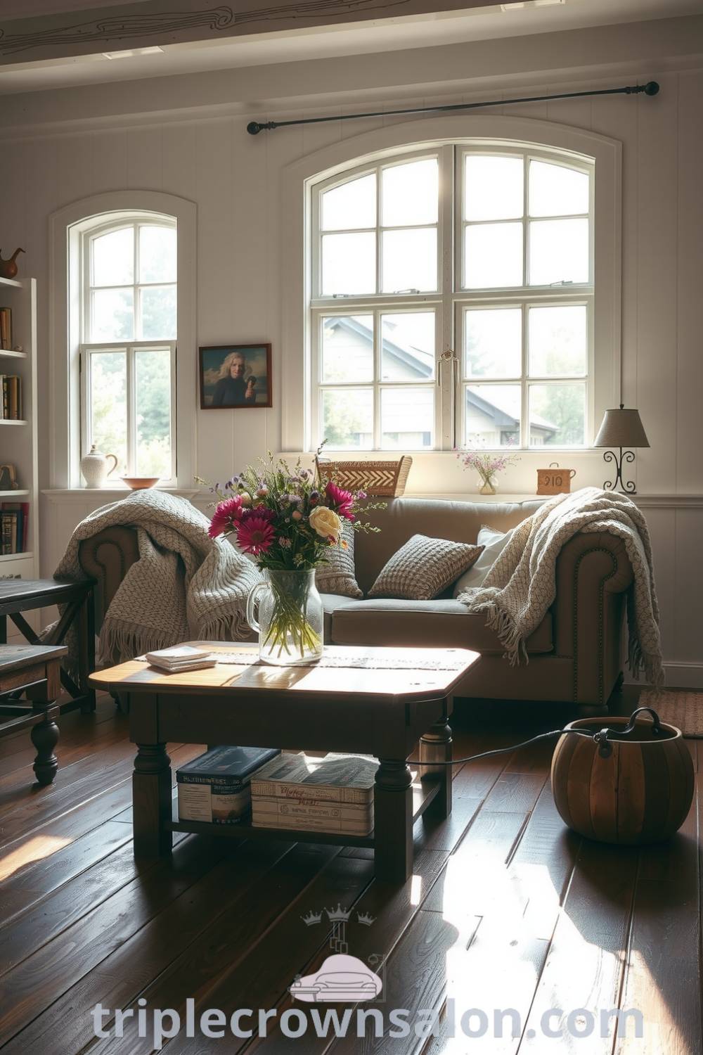 Cozy farmhouse living room with large mullioned windows, a plush couch draped in hand-knitted blankets, and a coffee table holding wildflowers, featuring rustic wooden floors and curated shelves with books and trinkets, offering inspiring decor ideas for a cozy home. Visit triplecrownsalon.com for more unique ideas.