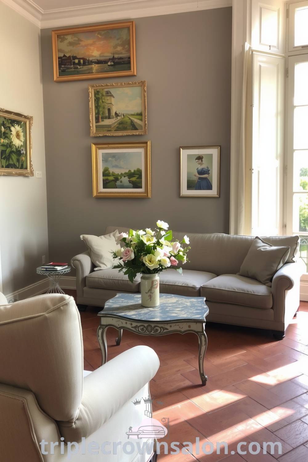 Cozy French living room with soft cream and muted gray walls, plush sofa, antique coffee table, fresh flowers, and natural sunlight, creating a warm and inviting atmosphere, perfect for relaxation and conversation. Find more cozy ideas at triplecrownsalon.com.