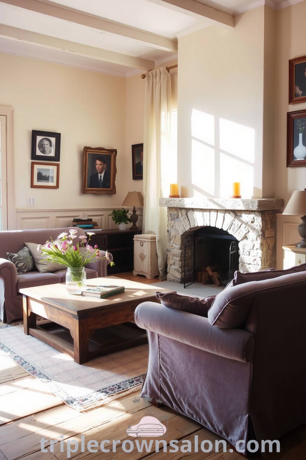Cozy French living room featuring cream-colored walls, deep lavender velvet sofa, rustic reclaimed wood coffee table with wildflowers, and a textured stone fireplace, ideal for design inspirations and cozy home decor ideas, as seen on triplecrownsalon.com.