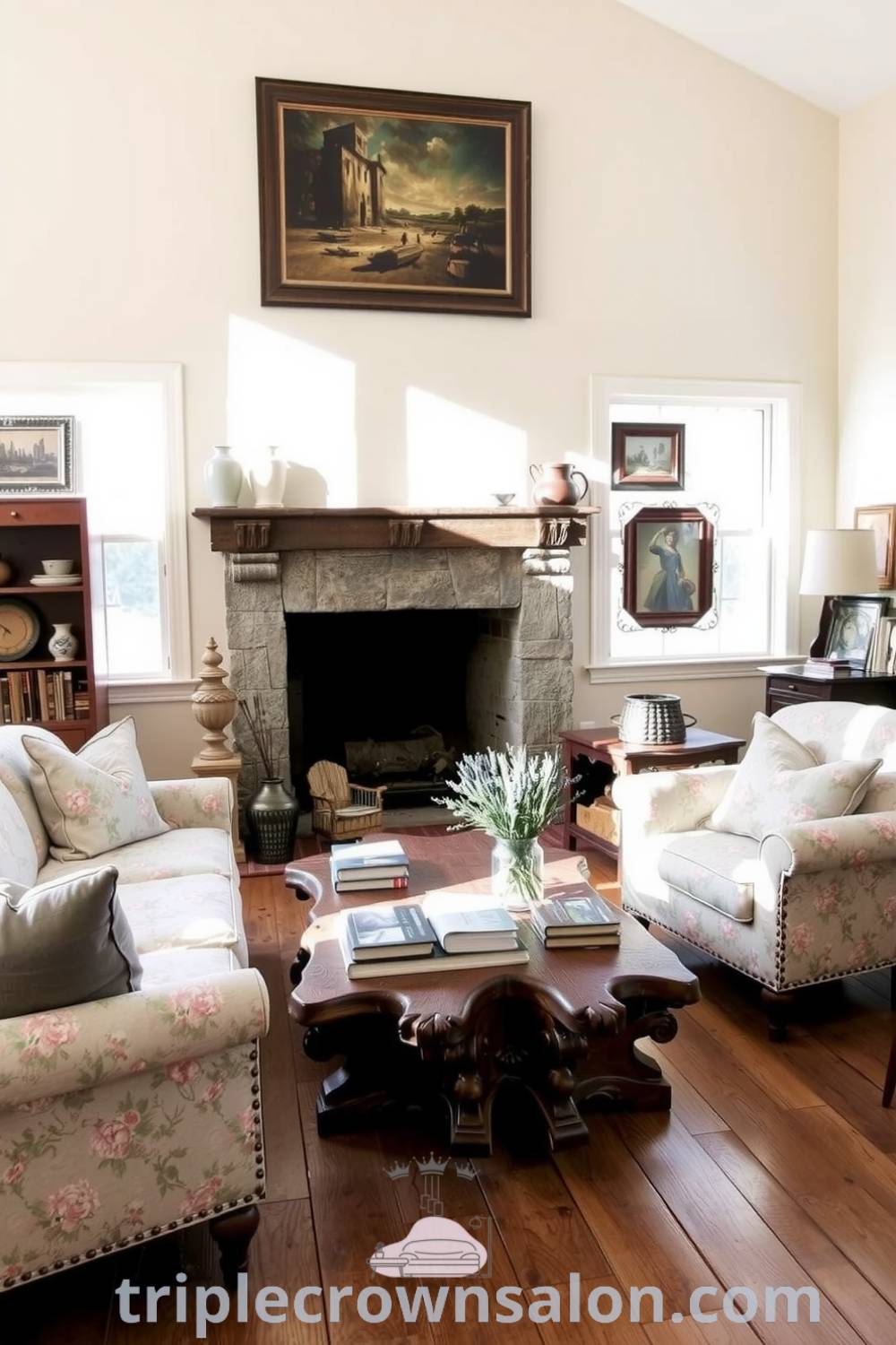 Cozy French living room with cream walls, weathered wooden floor, plush armchairs in floral fabric, rustic coffee table with books and fresh lavender, and sunlight flooding through large windows, showcasing a warm and inviting atmosphere perfect for relaxation, featured at triplecrownsalon.com.
