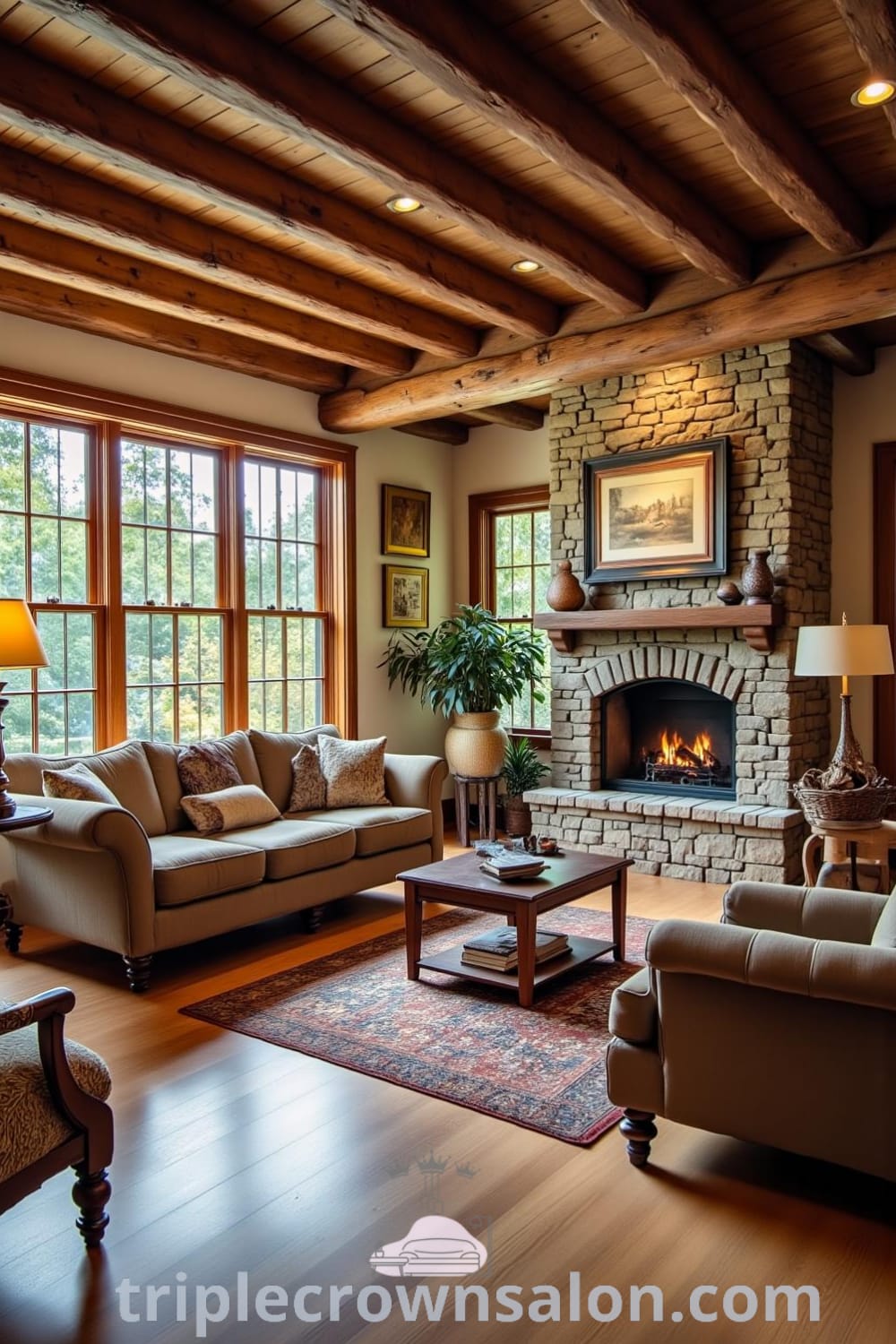 Cozy rustic living room featuring wooden floors, a comfortable sofa, classic stone fireplace, and vintage accents, creating an inviting atmosphere filled with warmth and natural light, ideal for design ideas and decor inspirations. Visit fireplacesandwoodstoves.com for more unique ideas.