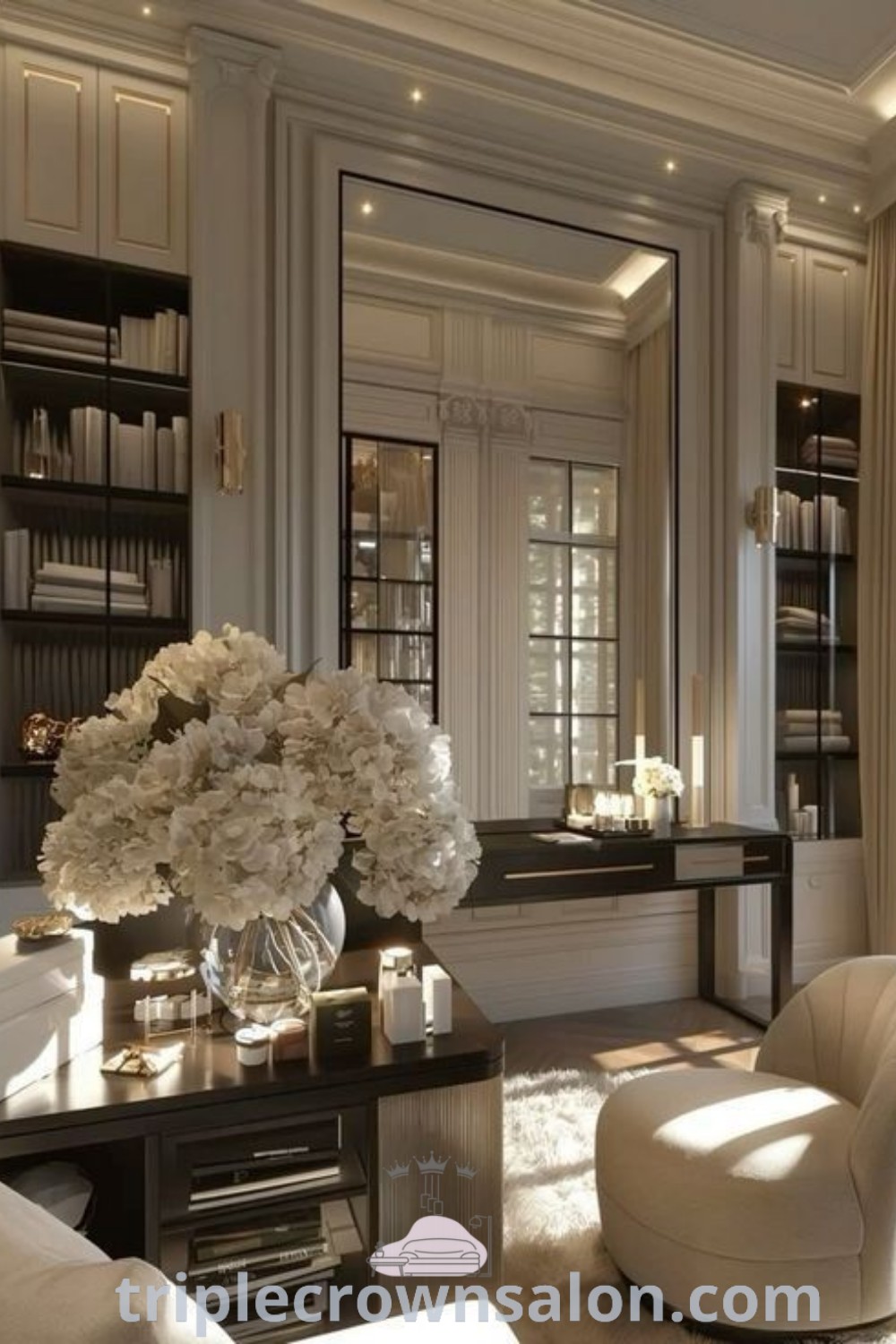 An elegant neoclassical living room featuring white furniture and flowers atop a table, embodying a cozy home decor aesthetic. This space inspires unique design ideas for your dream house interior, showcasing luxurious and inviting elements. Discover more decor inspirations at triplecrownsalon.com.