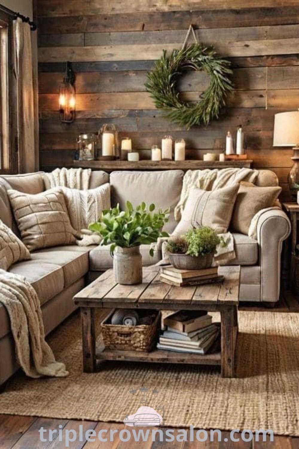 A cozy country chic living room featuring wooden wall panels and natural wood accents, surrounded by greenery. This inviting space offers unique ideas for your home, including cozy farmhouse decor inspirations. For more design ideas, visit triplecrownsalon.com.