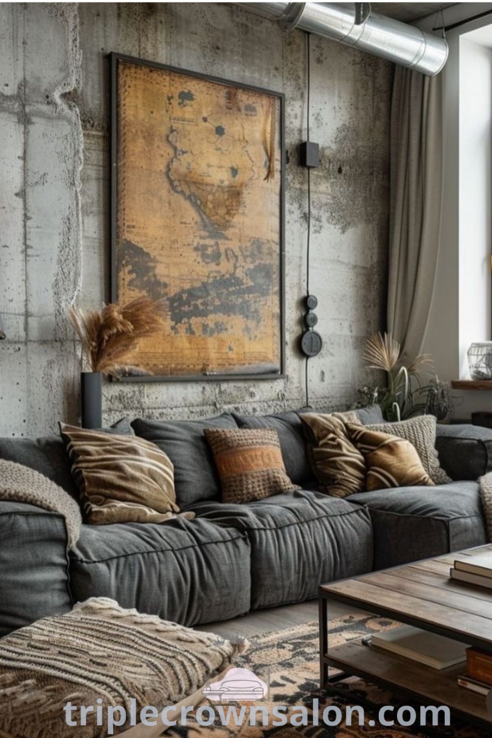 A cozy industrial living room featuring eclectic furniture and a large painting, merging urban chic aesthetics and functional decor ideas for small spaces. This space is perfect for those seeking industrial style inspirations to elevate their home. Explore more on triplecrownsalon.com.
