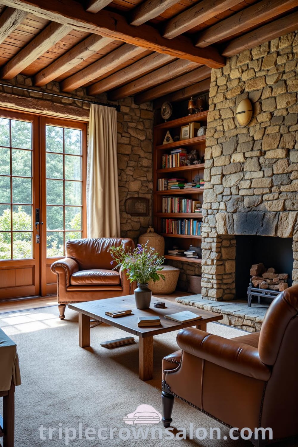 Cozy rustic living room featuring rough-hewn timber beams, a stone fireplace, an aging leather armchair, and a wooden coffee table with wildflowers, offering inspiring design ideas and decor inspirations for a cozy home at fireplacesandwoodstoves.com.
