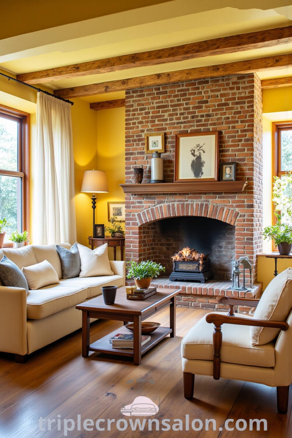 Cozy rustic living room featuring warm sunlight, a plush oversized sofa, and a stone fireplace, with yellow walls and antique decor ideas that inspire a welcoming atmosphere for your home, showcasing unique ideas and design inspirations from fireplacesandwoodstoves.com.