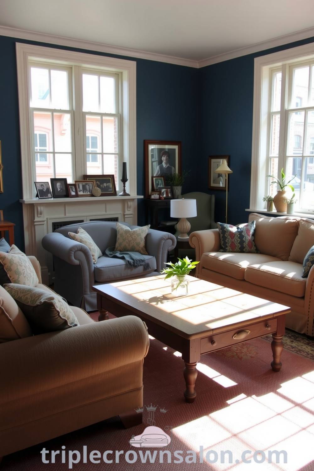 Classic living room design featuring warm blue tones, plush sofas with patterned pillows, a reclaimed wooden coffee table, and a mantelpiece adorned with family photographs, creating a cozy home atmosphere filled with inspirations. Visit fireplacesandwoodstoves.com for more decor ideas.