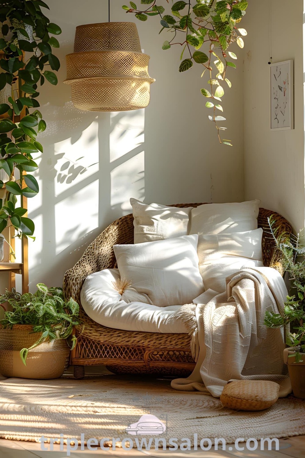 A boho modern living room filled with plants and unique furniture, creating a cozy and inspiring environment. This plant room decor offers ideas for house or apartment, showcasing design trends that enhance relaxation. Explore more decor ideas at triplecrownsalon.com.