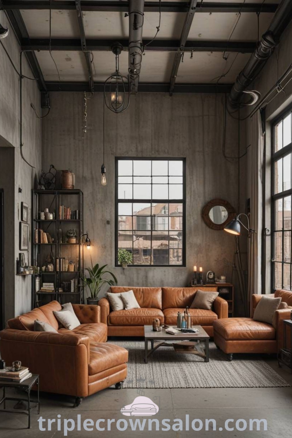A cozy industrial living room showcasing modern rustic decor with inviting textures and charming vintage accents. This design features warm lighting and unique decor ideas for small spaces, blending elegance with comfort. Explore more inspiring ideas for your home at triplecrownsalon.com.