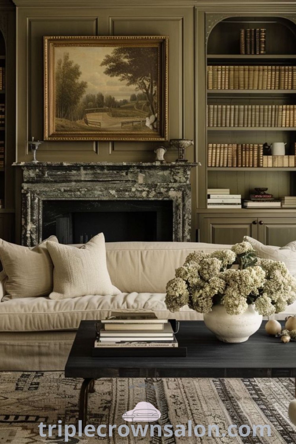 A beautiful Old English living room filled with ornate furniture, a cozy fireplace, and a striking bookshelf, showcasing decor ideas inspired by Cotswold and Tudor interiors. This inviting space offers cozy ideas and unique inspirations for your home. Discover more about charming designs at triplecrownsalon.com.