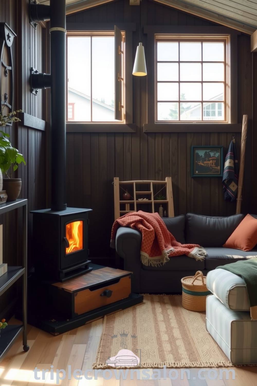 Cozy rustic living room featuring dark wood paneling, a black metal wood stove, an oversized sofa with soft throws, vintage wooden accents, and a hand-woven rug, highlighting inspiring decor ideas for a warm and inviting home. Visit fireplacesandwoodstoves.com for more unique ideas.