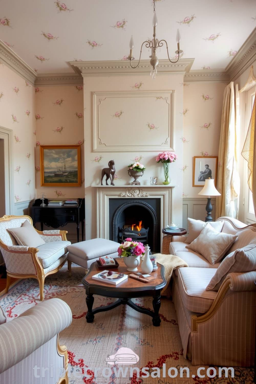 Cozy French living room featuring beige walls, floral wallpaper, overstuffed pastel sofas, a vintage coffee table, and an ornate fireplace, creating a warm and inviting atmosphere at triplecrownsalon.com.