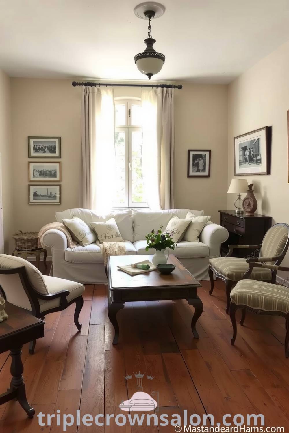 Cozy French living room featuring beige walls, rustic wooden floors, an overstuffed sofa with embroidered throws, vintage coffee table, mismatched armchairs, and sunlit decor with family photos and ceramics, offering decor ideas for a warm and inviting atmosphere, visit triplecrownsalon.com.