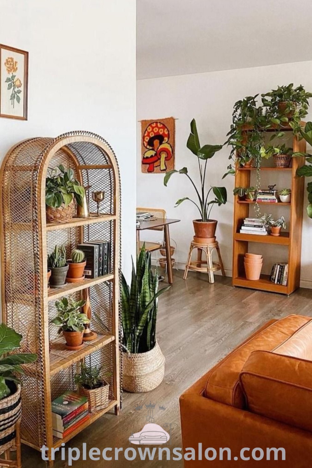 A boho-inspired living room filled with furniture and various plants, showcasing cozy decor ideas and inspirations for apartment living. This space is perfect for creating a vibrant atmosphere, offering unique ideas for your home. Explore more decor inspirations at wellnesswink.com.