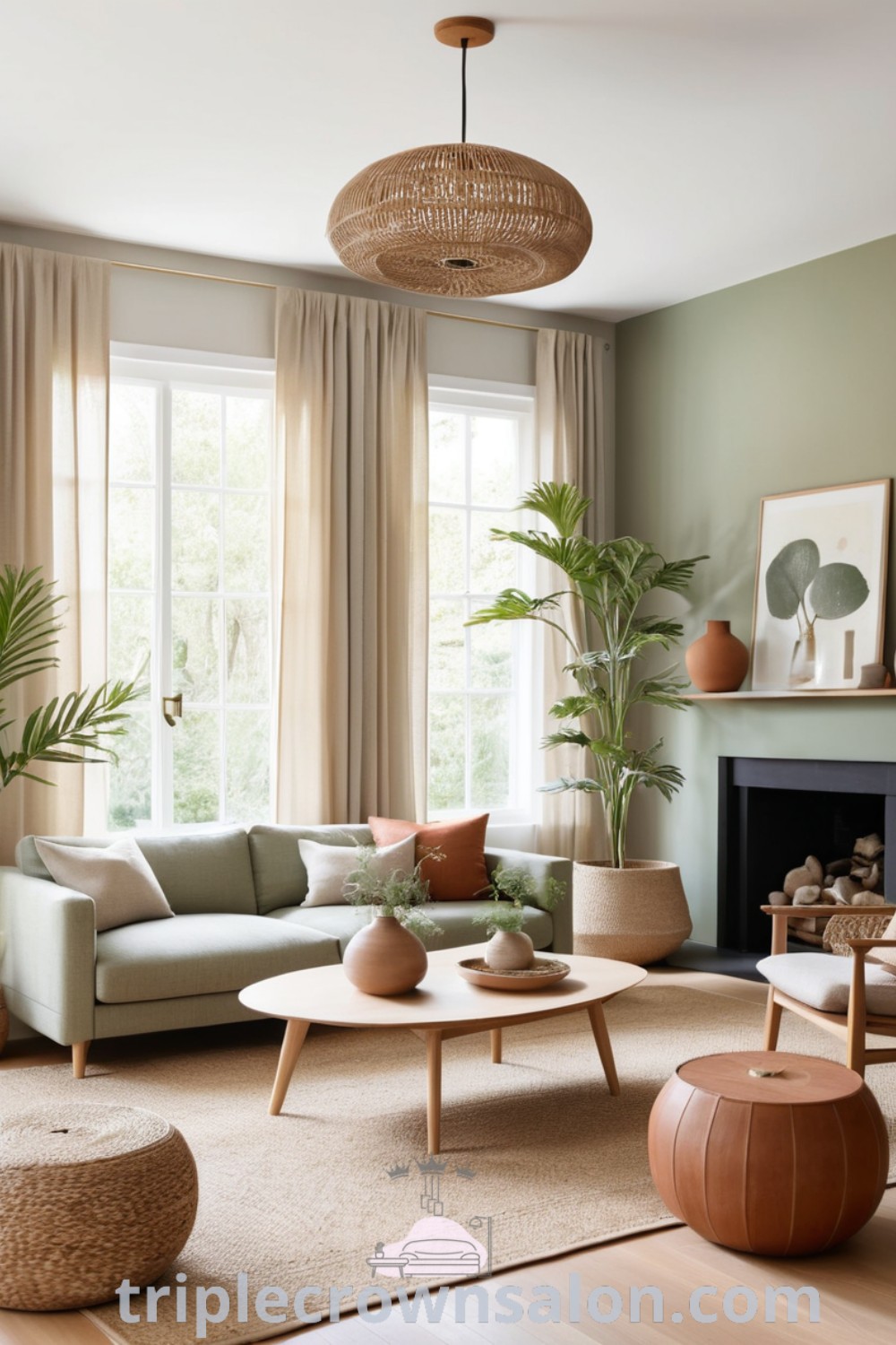 A stylish Japandi living room featuring low profile furniture, a cozy aesthetic, and decor inspirations for small spaces, blending Scandinavian and Japanese design. Perfect for cozy home ideas, find more unique design tips at triplecrownsalon.com.