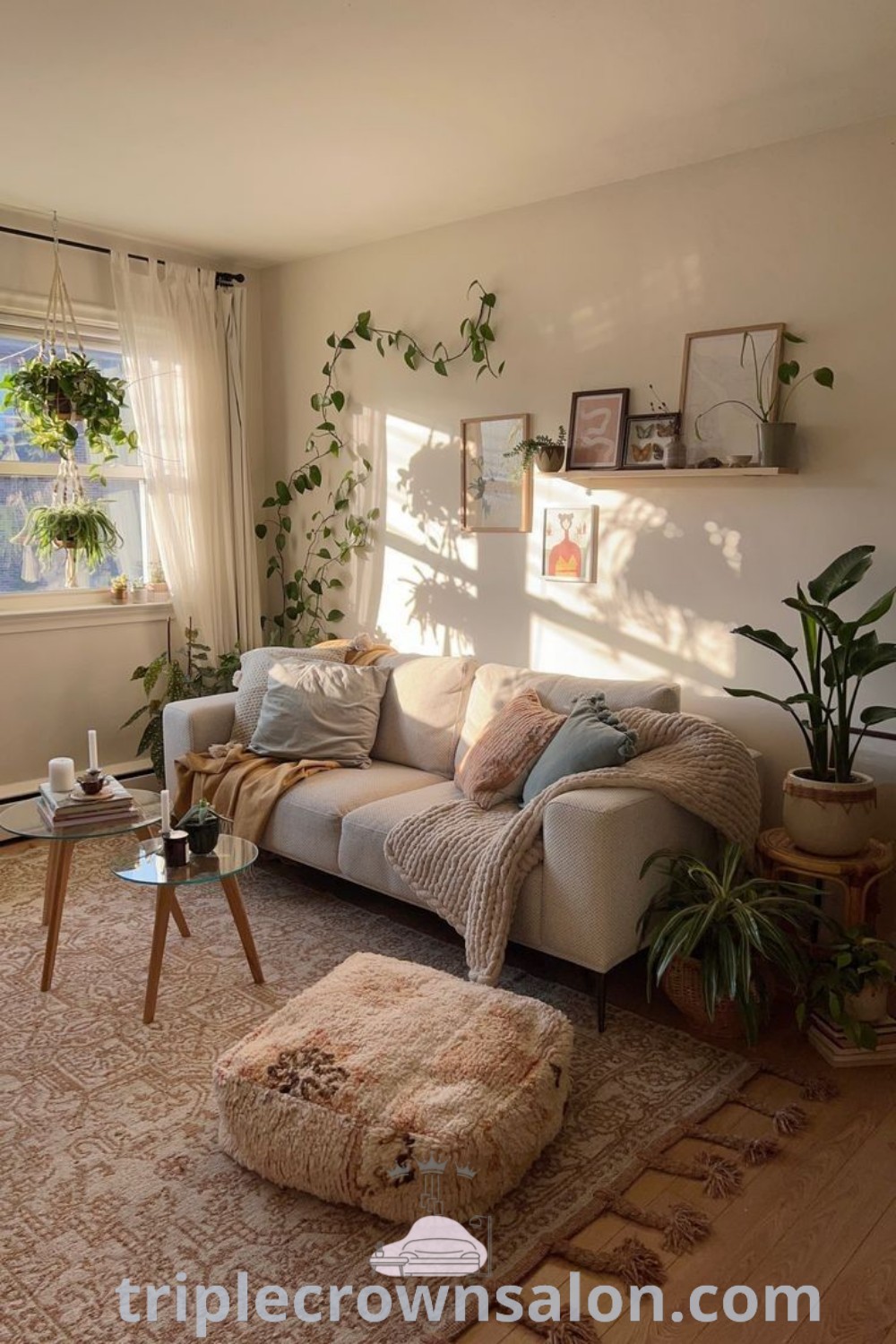 A cozy living room filled with minimalist furniture and lush plants, perfectly exemplifying small living room decorating ideas and creative storage solutions. Explore inspiring design tips for your home at triplecrownsalon.com, featuring ideas for compact living spaces.