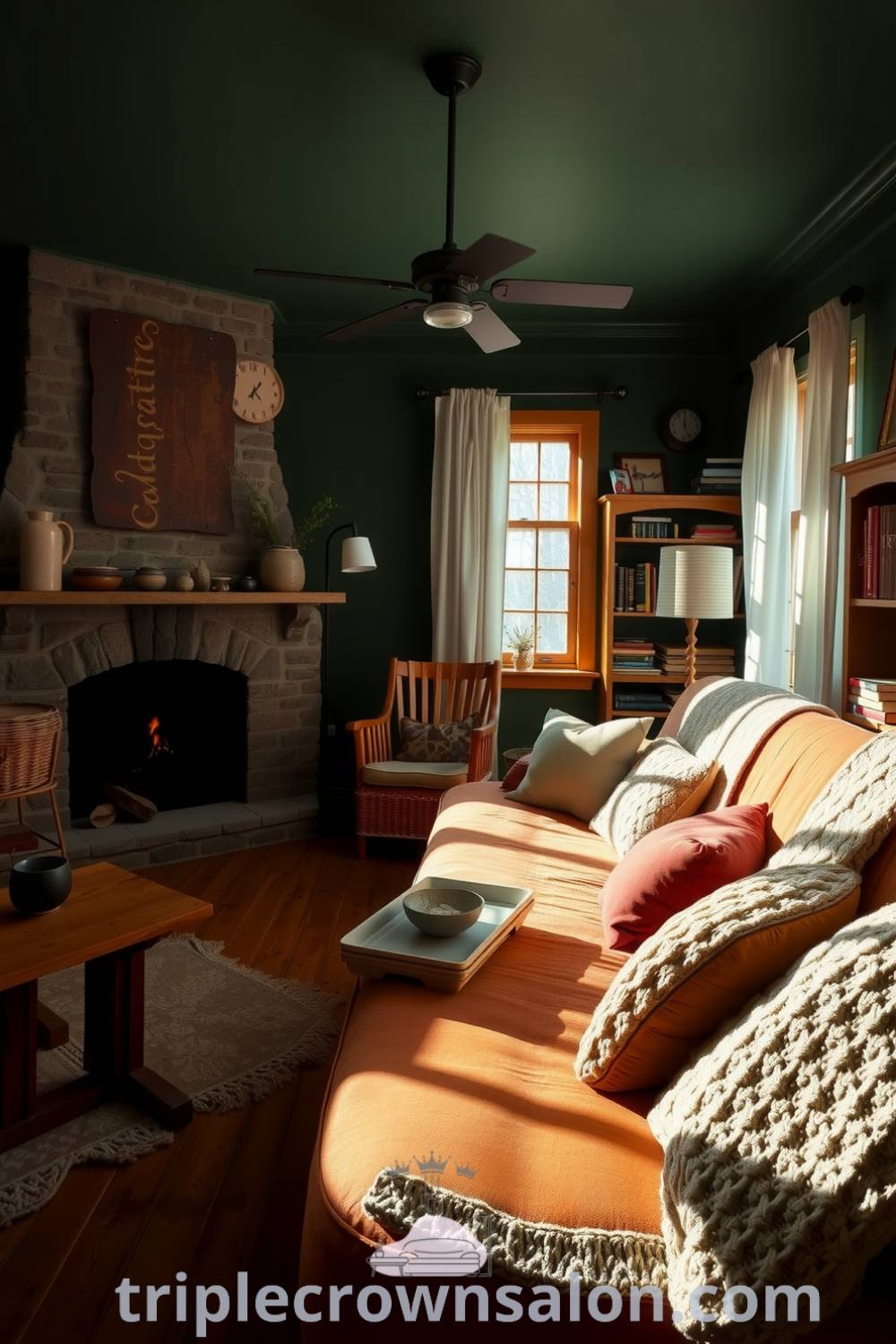 Cozy rustic living room with deep green walls, wooden furniture, overstuffed couch with knit blankets, stone fireplace, and shelves of books, creating an inviting atmosphere filled with warm decor ideas and inspirations for your home, sourced from fireplacesandwoodstoves.com.