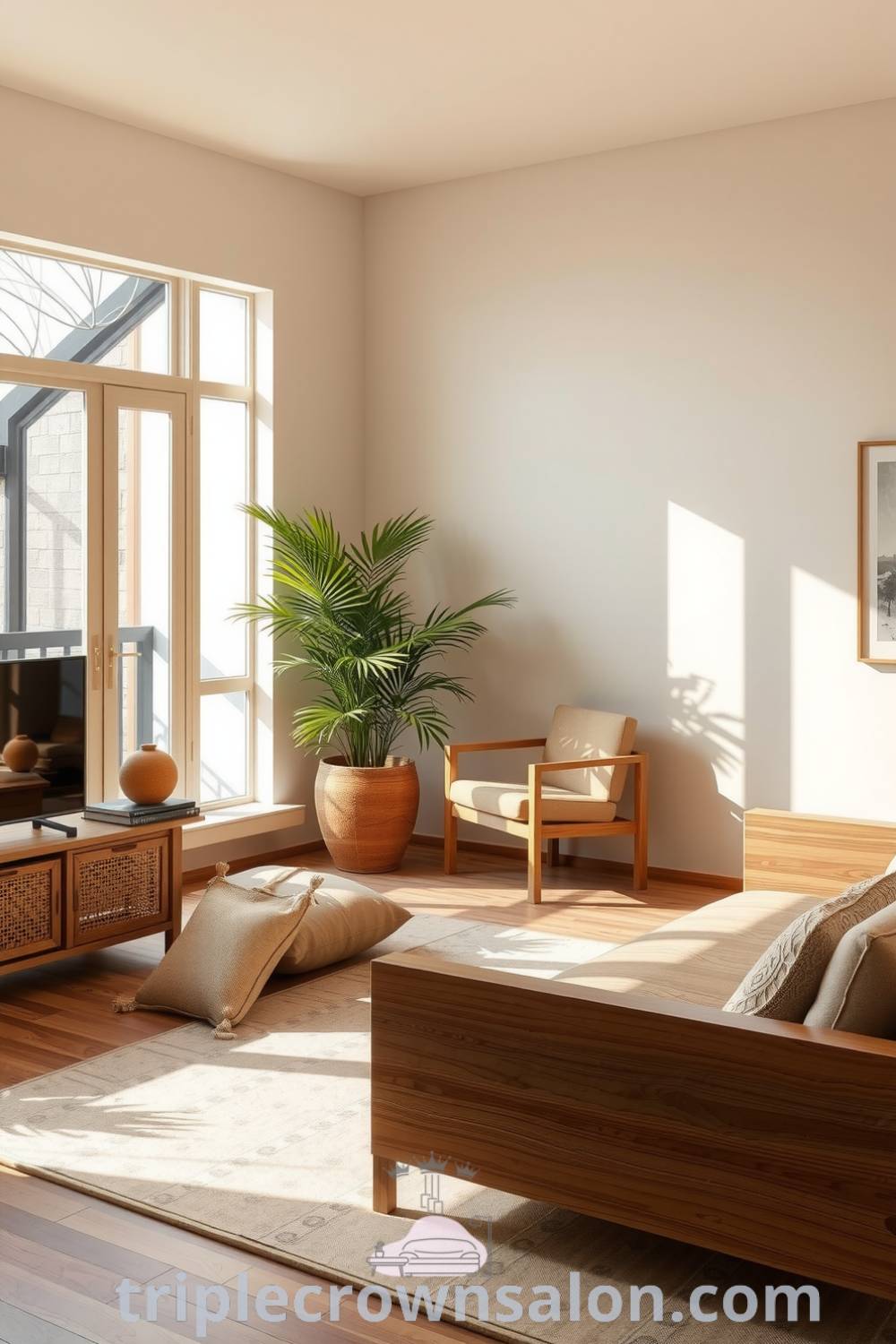 Cozy Japandi living room with soft beige walls, natural oak furniture, low-profile sofa, subtle patterned rug, and potted greenery, creating a serene and welcoming atmosphere. Visit triplecrownsalon.com for more design ideas.