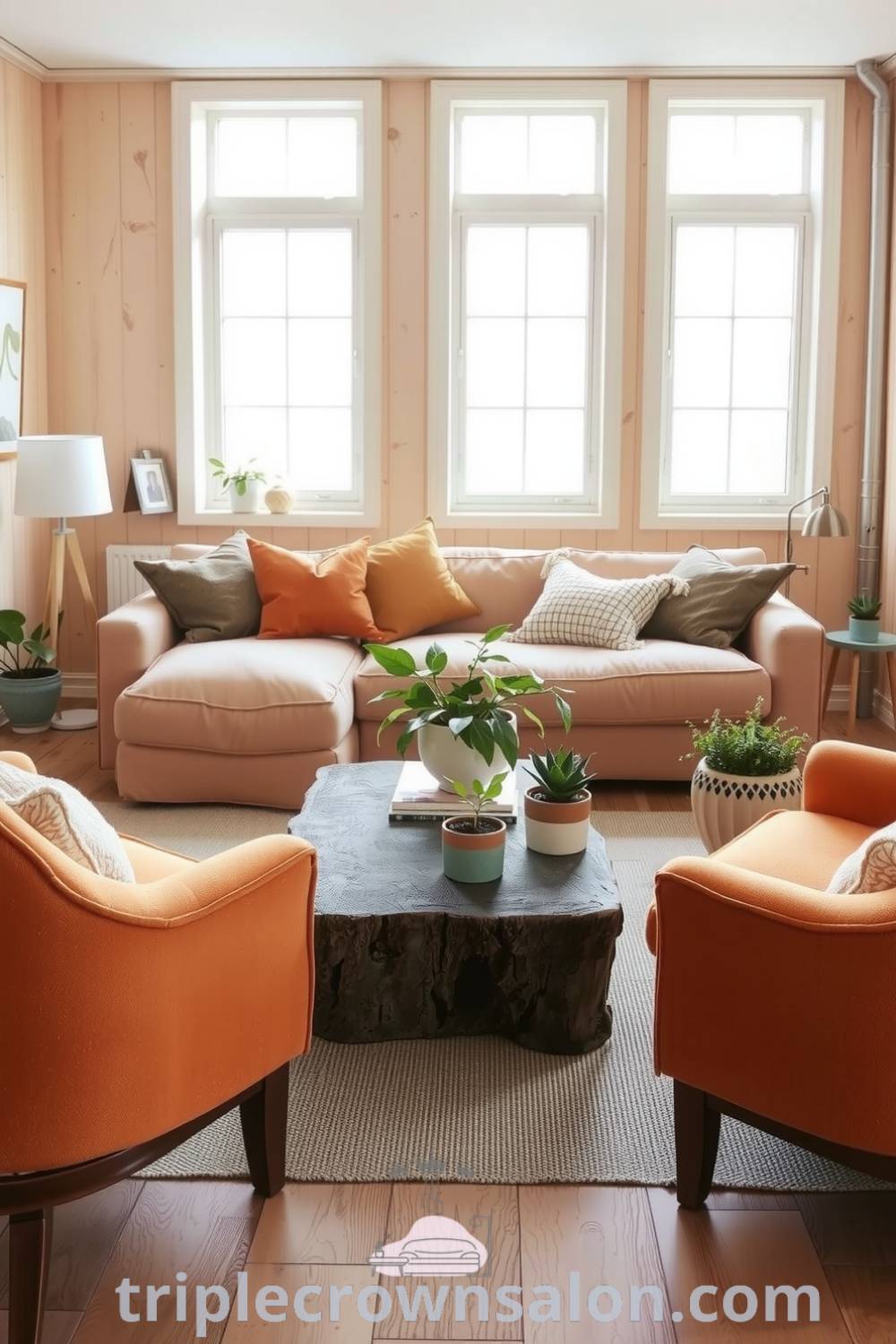 Scandinavian living room featuring soft orange tones, large windows, pale wood walls, oversized sofa with textured pillows, rustic coffee table, inviting armchairs, and potted plants, showcasing cozy decor ideas and inspirations for a cozy home at triplecrownsalon.com.