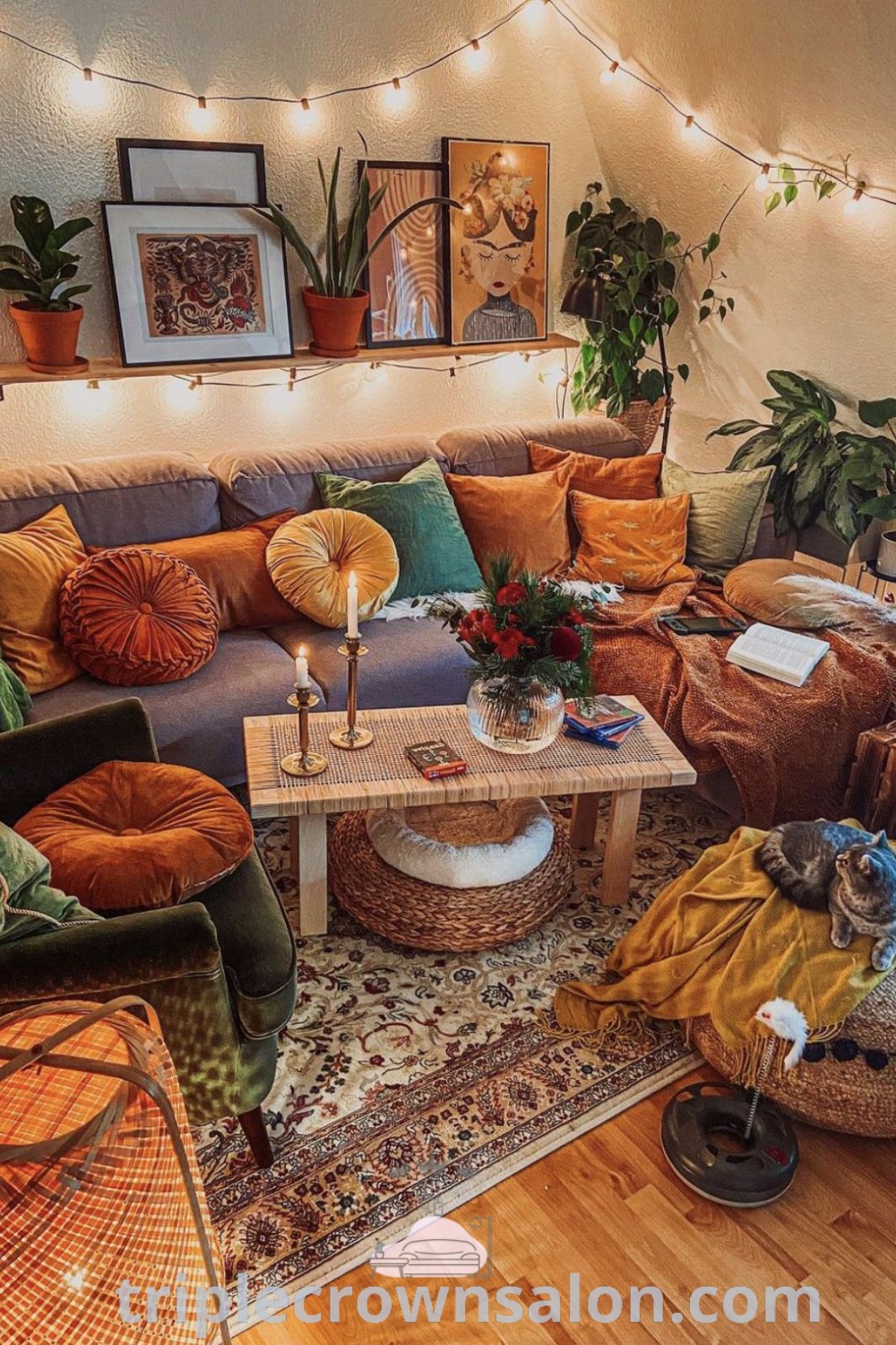 A vibrant living room showcasing a modern red couch adorned with plenty of plants on the couches, creating a colorful and cozy atmosphere. This space reflects an electric maximalist decor style, ideal for unique home design ideas. Explore more cozy inspirations at wellnesswink.com.