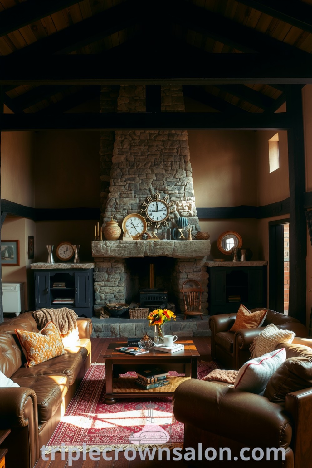 Cozy rustic living room with dark wooden beams, earthy toned walls, large stone fireplace, worn leather sofas, and handwoven rug, featuring decor ideas that inspire warmth and gathering, promoting a cozy home atmosphere at fireplacesandwoodstoves.com.