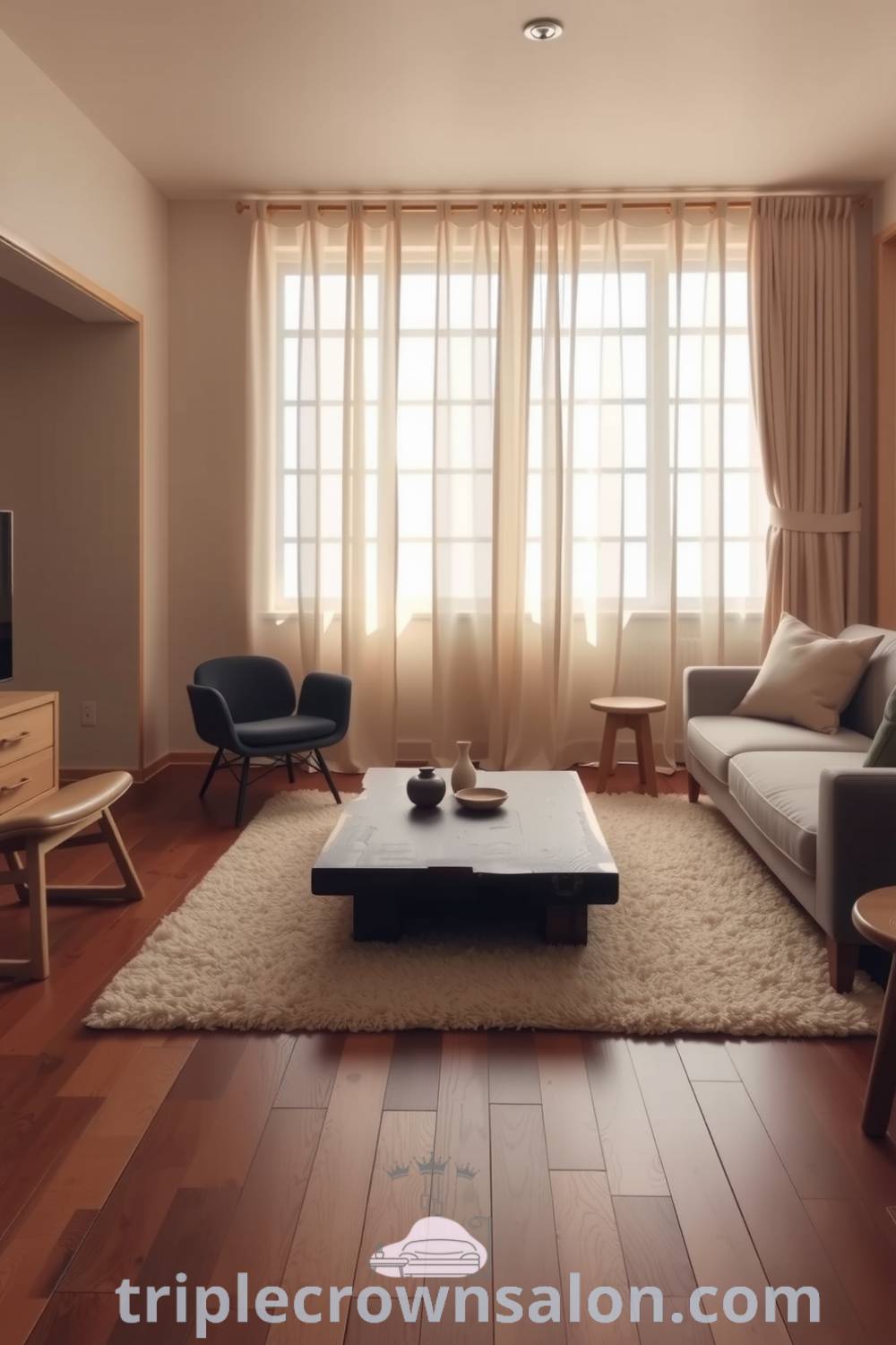 Japandi living room featuring warm tones, rich brown wooden floors, minimalist furniture, and sheer linen curtains, creating a cozy atmosphere ideal for relaxation. Visit triplecrownsalon.com for inspiring decor ideas for small spaces.