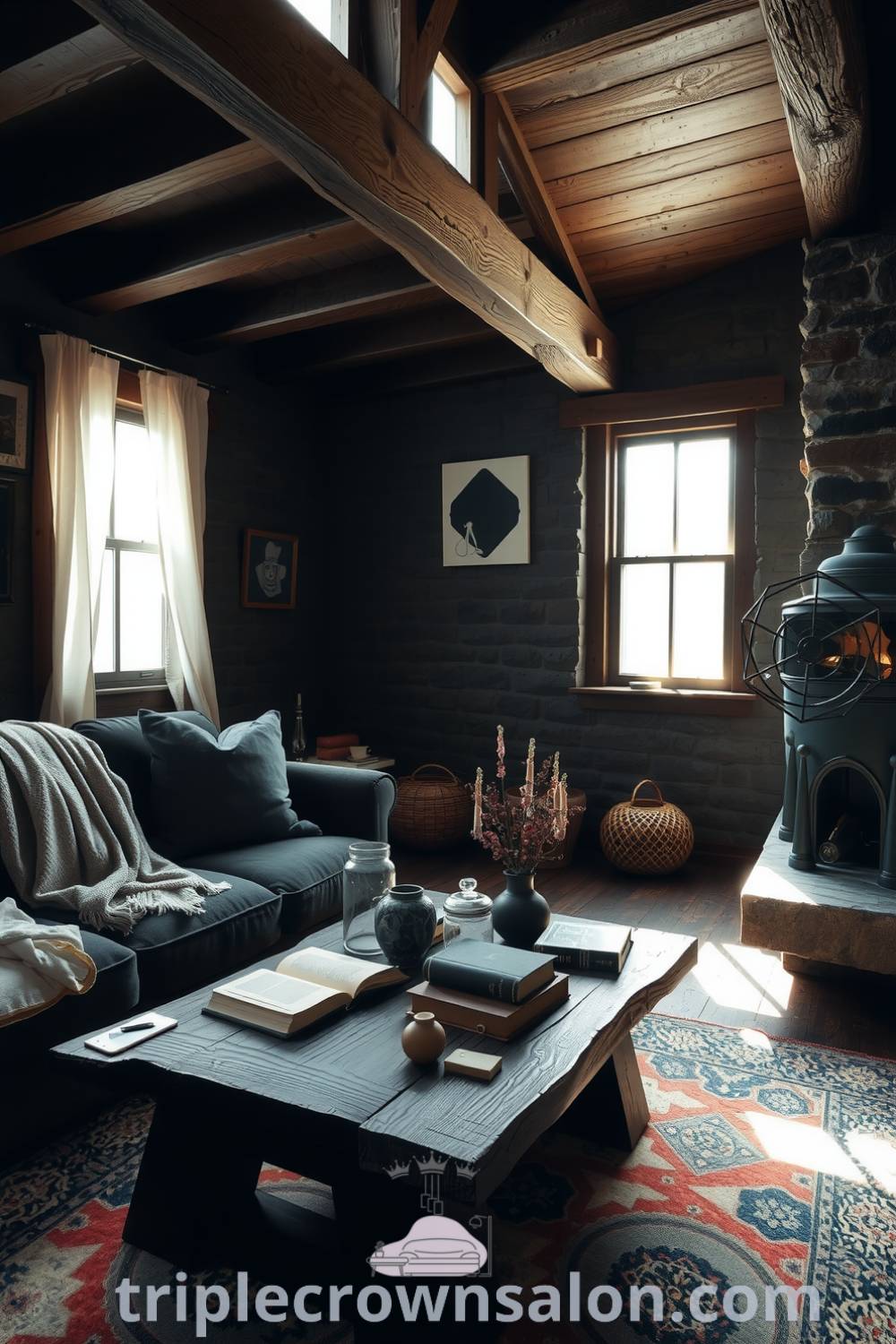 Cozy rustic living room featuring dark stone walls, wooden beams, a plush oversized sofa, and a reclaimed wood coffee table adorned with books and knickknacks, highlighting cozy ideas and decor inspirations from fireplacesandwoodstoves.com.