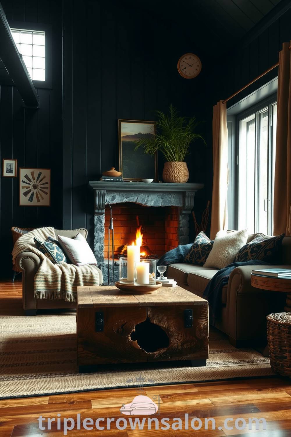 Cozy rustic living room featuring deep black wood paneling, an overstuffed sofa with handmade textiles, a rough-hewn coffee table, and a warm stone fireplace, creating a welcoming environment perfect for family gatherings. Visit fireplacesandwoodstoves.com for cozy decor ideas and inspirations.