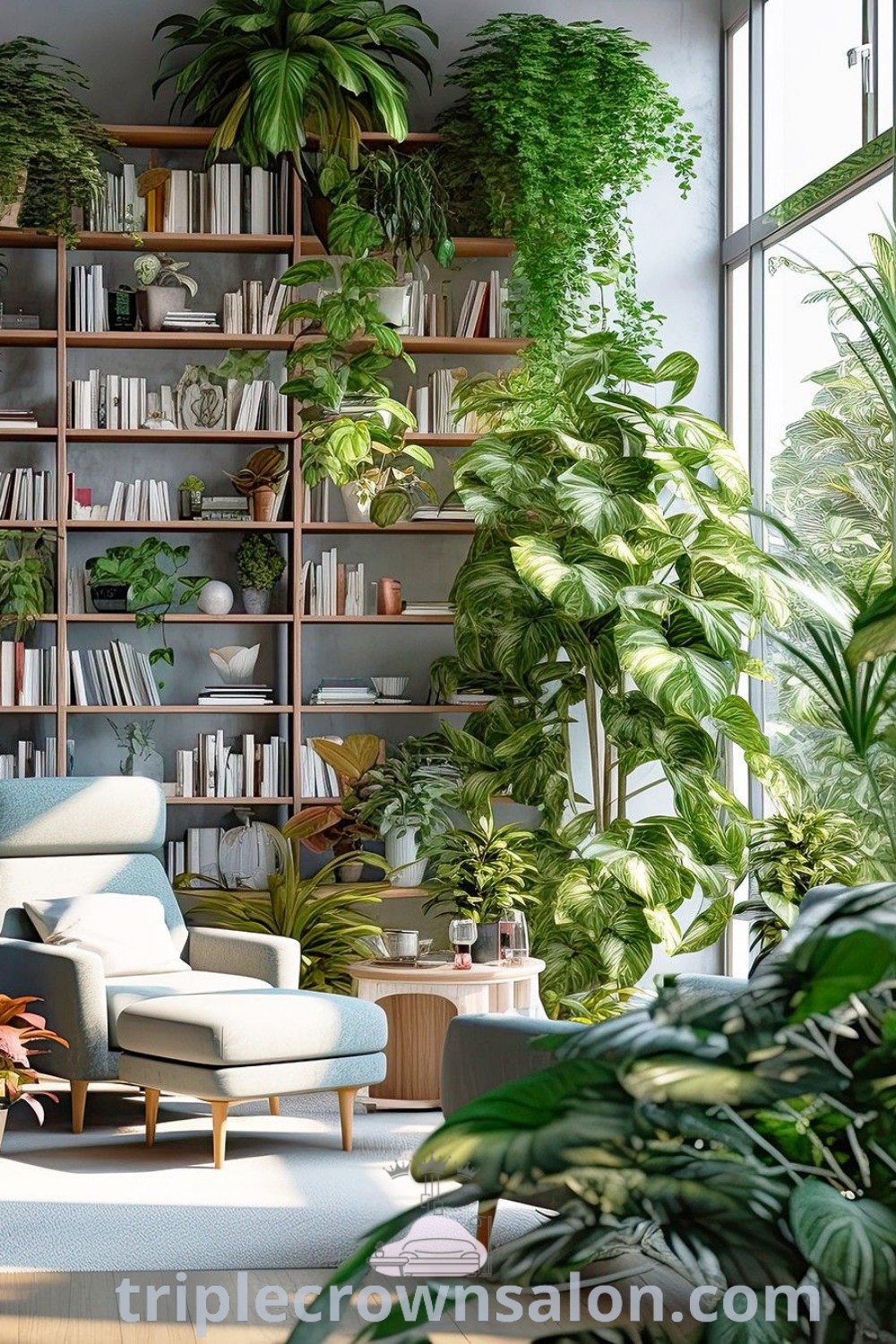 A cozy living room filled with vibrant plants, bookshelves, and natural light, showcasing a harmonious blend of greenery and inviting decor ideas. This space highlights the beauty of an office jungle, offering inspiring design tips for creating a serene home environment. Explore more inspirations for your home at triplecrownsalon.com.