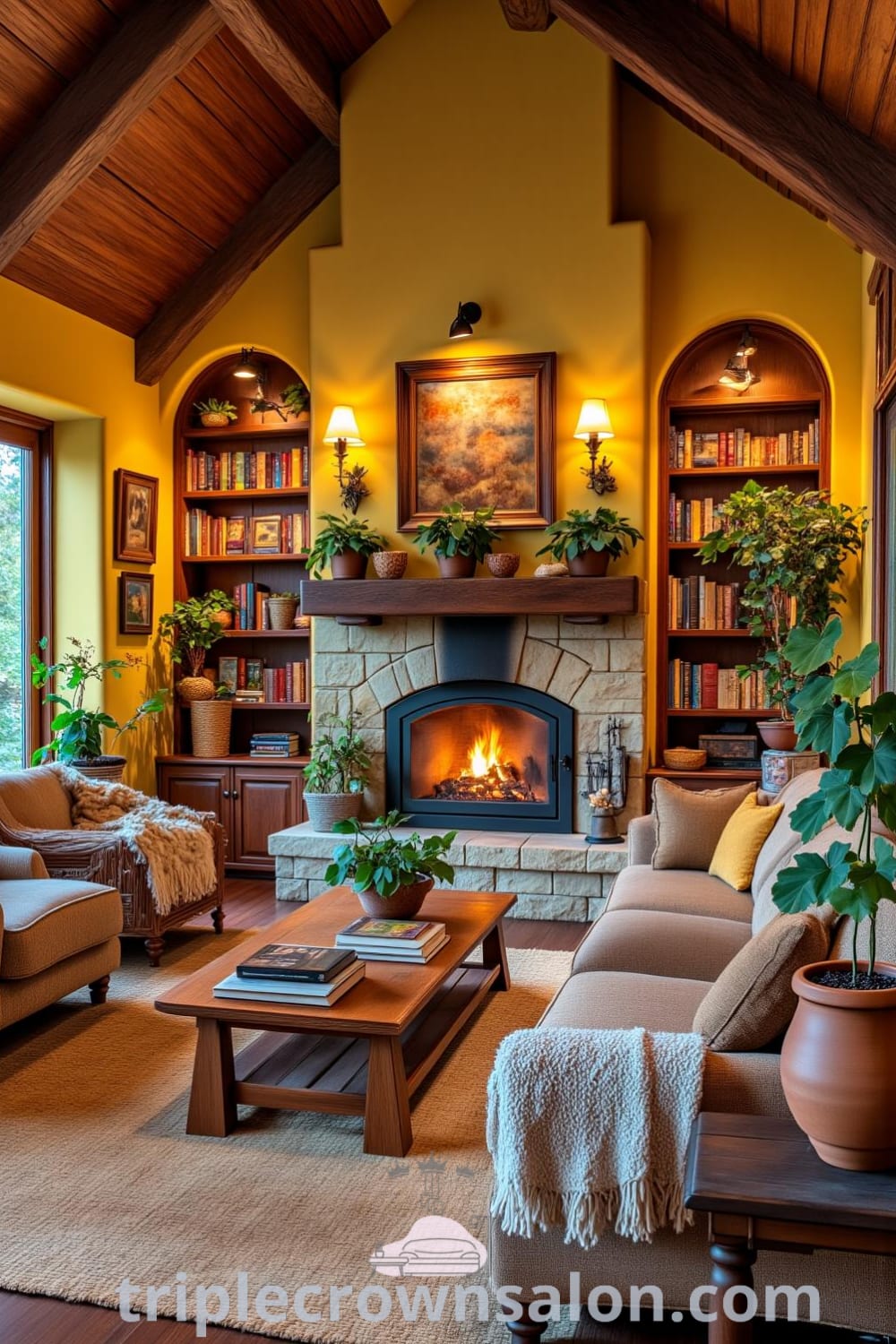 Rustic living room with warm yellow walls, rough-hewn wooden furniture, an oversized sofa with throws, a stone fireplace, and potted plants in terracotta pots, showcasing cozy ideas for your home and decor inspirations, as seen on fireplacesandwoodstoves.com.