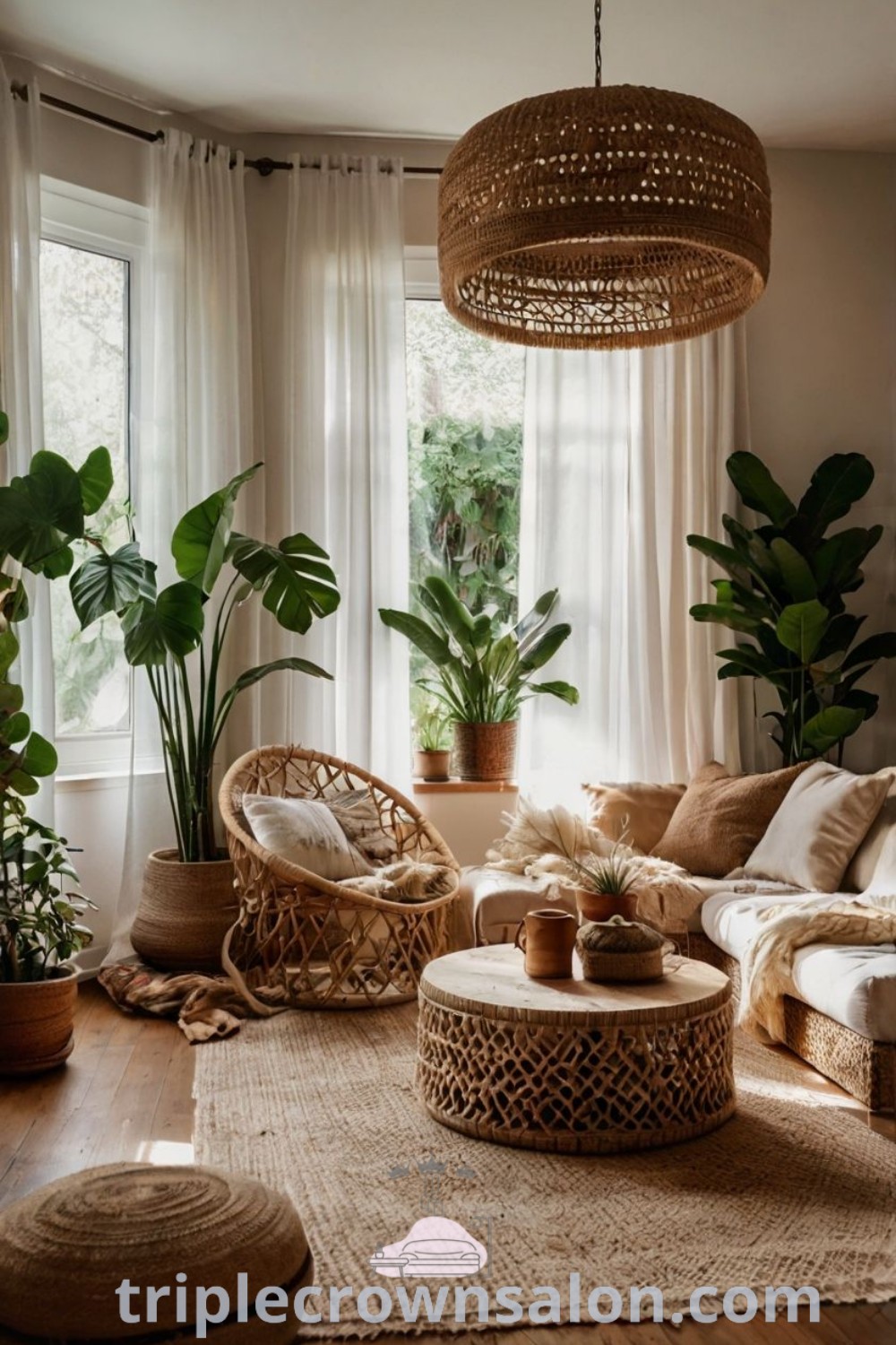A cozy living room showcasing Japanese minimalism and bohemian home decor, adorned with plenty of plants and stylish furniture, inspiring decor ideas for a serene ambiance. Explore more cozy home inspirations at triplecrownsalon.com.