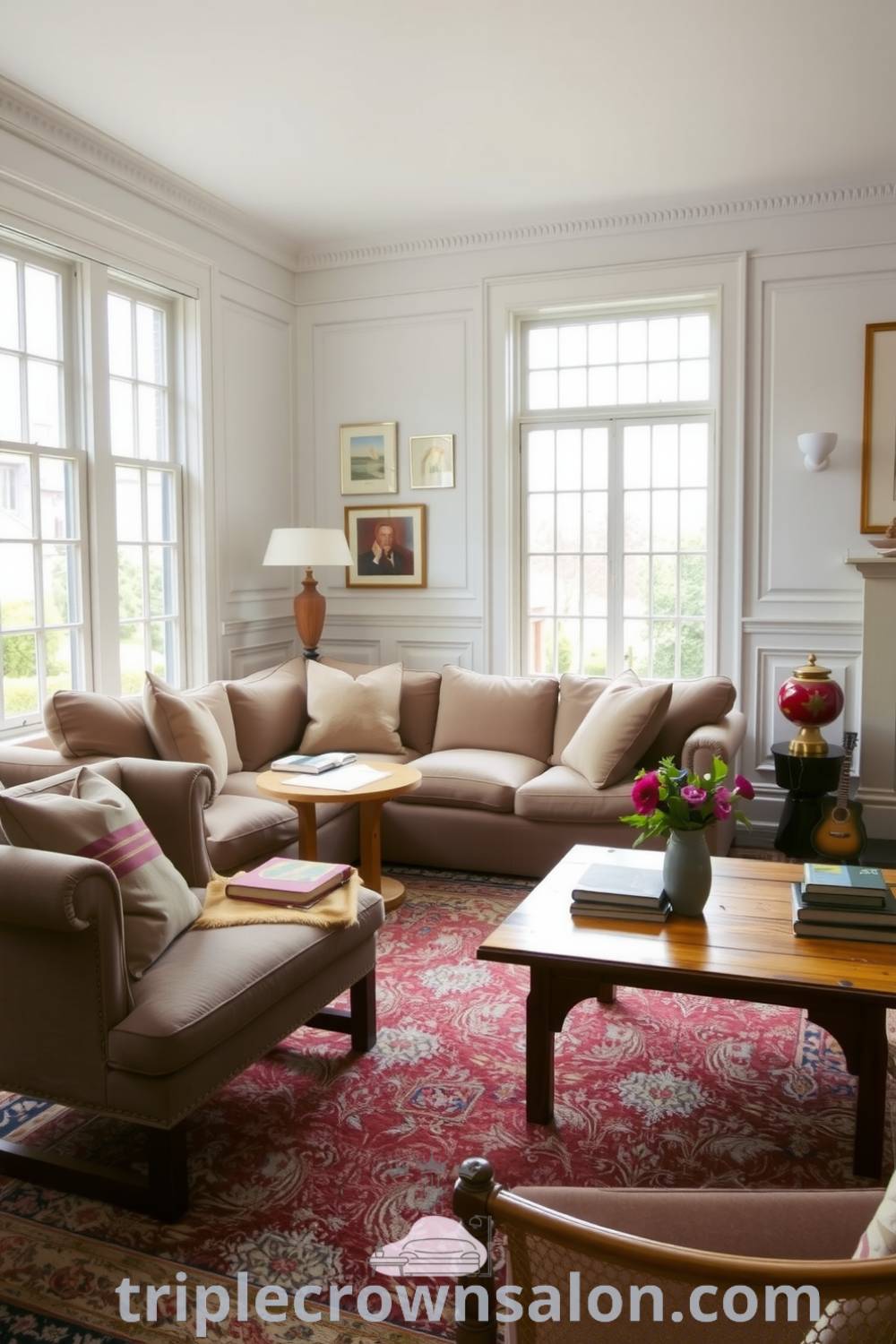 Cozy living room design featuring soft white walls, natural light, overstuffed sofa, intricate area rug, and decor with books and fresh flowers; perfect for creating inviting spaces in your home. Visit fireplacesandwoodstoves.com for more cozy ideas.