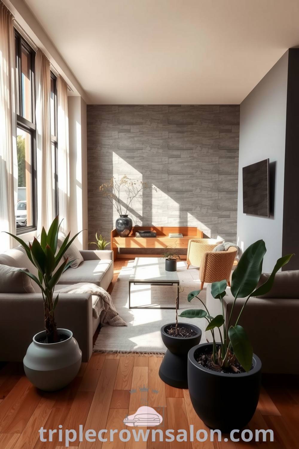 Cozy Japandi living room featuring muted grey palettes, warm wood flooring, low-sitting furniture, a stone-gray accent wall, and potted plants, ideal for cozy home design ideas on triplecrownsalon.com.