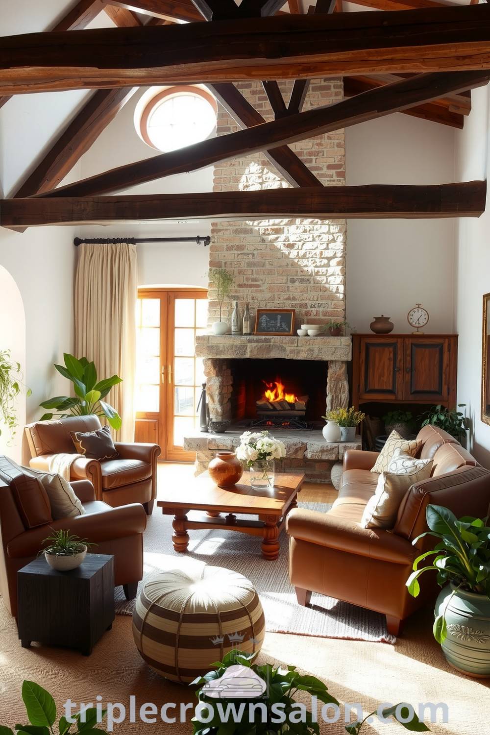 Cozy living room design featuring white-washed walls, exposed wooden beams, a stone fireplace, worn leather armchairs, and potted plants, perfect for warm, inviting decor inspirations at fireplacesandwoodstoves.com.