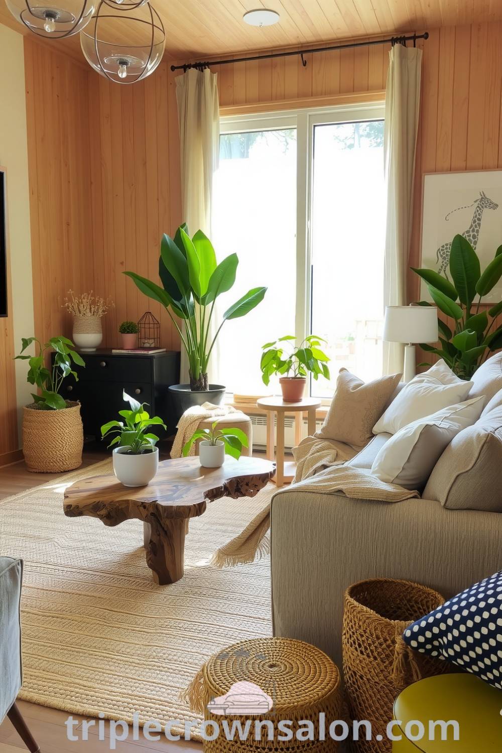 Nature-inspired living room featuring soft earthy tones, light textured wood walls, an organic linen sofa, a reclaimed wood coffee table, lush potted plants, and a woven jute rug, creating a cozy aesthetic filled with tranquility and natural beauty. For more ideas, visit triplecrownsalon.com.