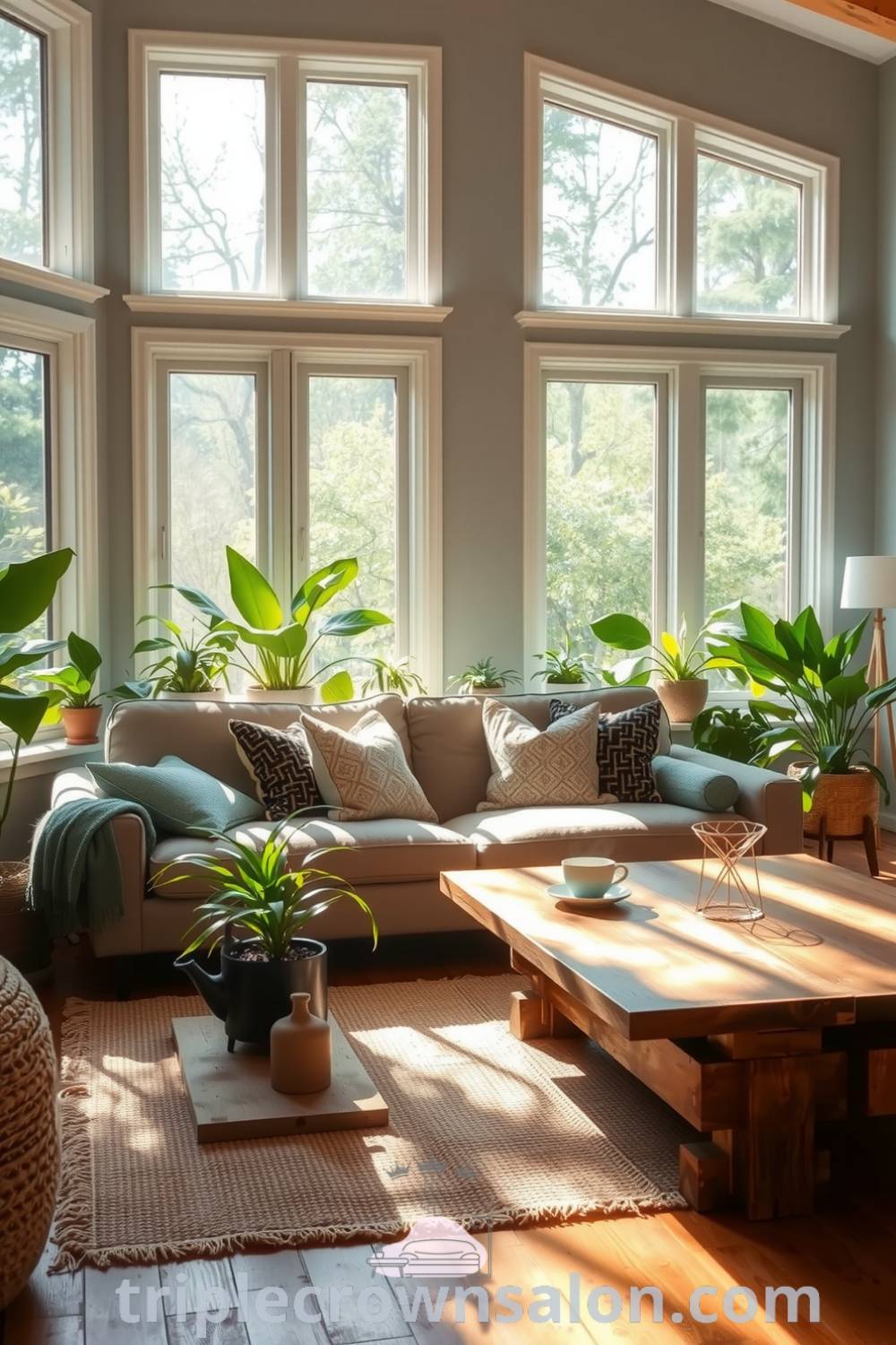 Cozy nature-inspired living room with sunlight filtering through large windows, soft earthy tones, plush cushions, houseplants, and a rustic reclaimed wood coffee table, providing tranquil decor ideas for your home at triplecrownsalon.com.