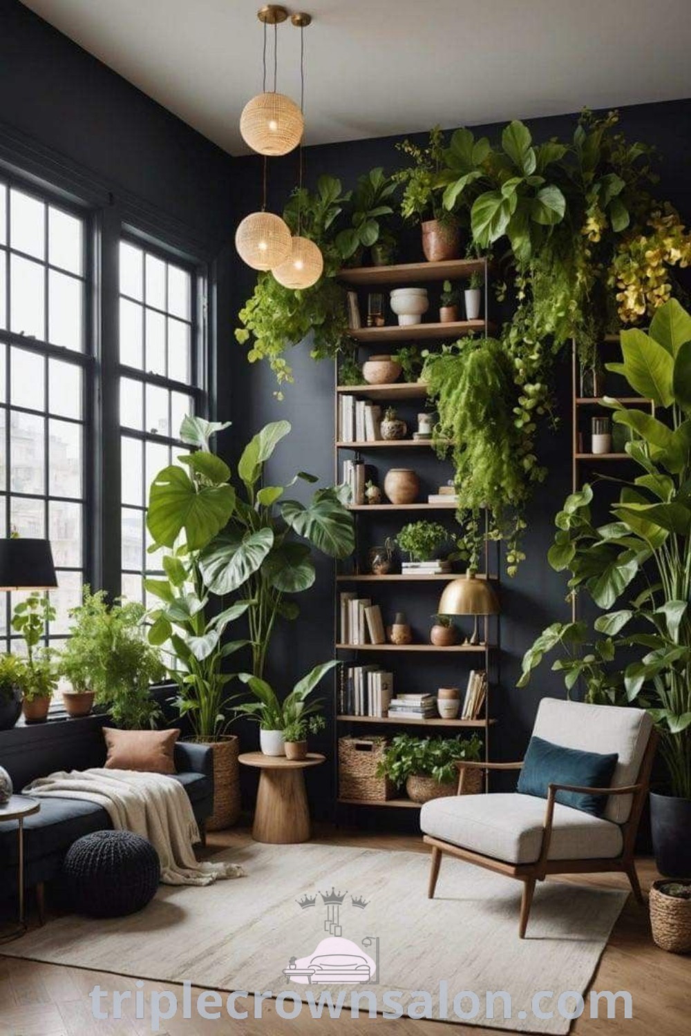 A cozy living room overflowing with plants, featuring green walls and earthy decor inspirations. This vibrant space offers design ideas that enhance any house or apartment, infusing life and comfort into your home. Discover more unique ideas at triplecrownsalon.com.