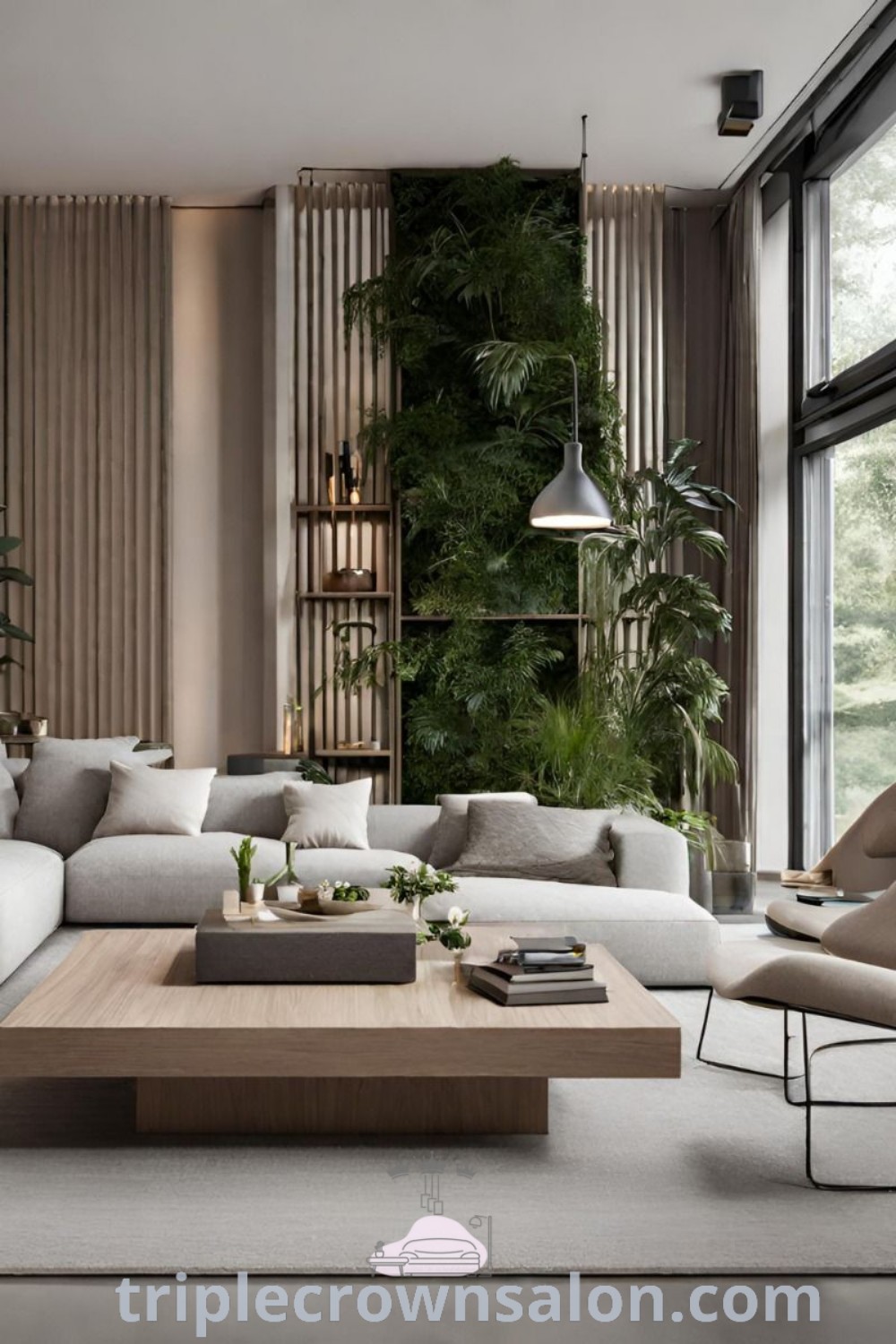 A bright biophilic living room featuring couches, tables, and plants against large windows, merging comfort with nature for a cozy aesthetic. Discover inspiring decor ideas for small spaces and modern biophilic design tips at triplecrownsalon.com.