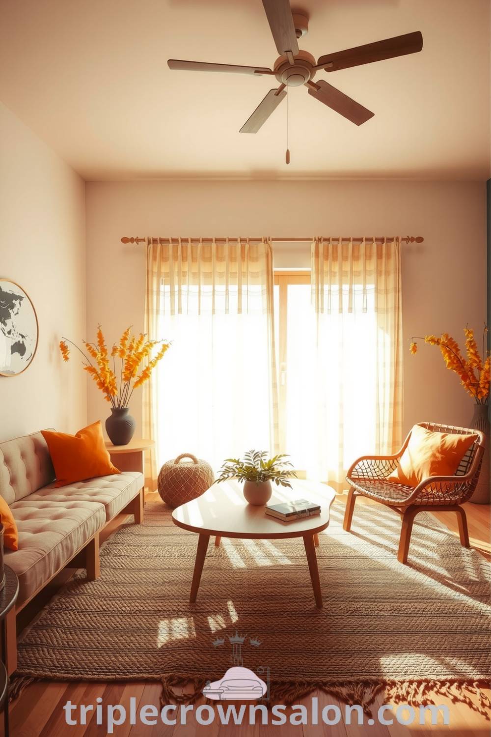Japandi living room with natural wood furnishings, cozy orange accents, soft textiles, a large window allowing sunlight, a woven rug, and a low coffee table with plants, providing inspiring decor ideas for a cozy home at triplecrownsalon.com.